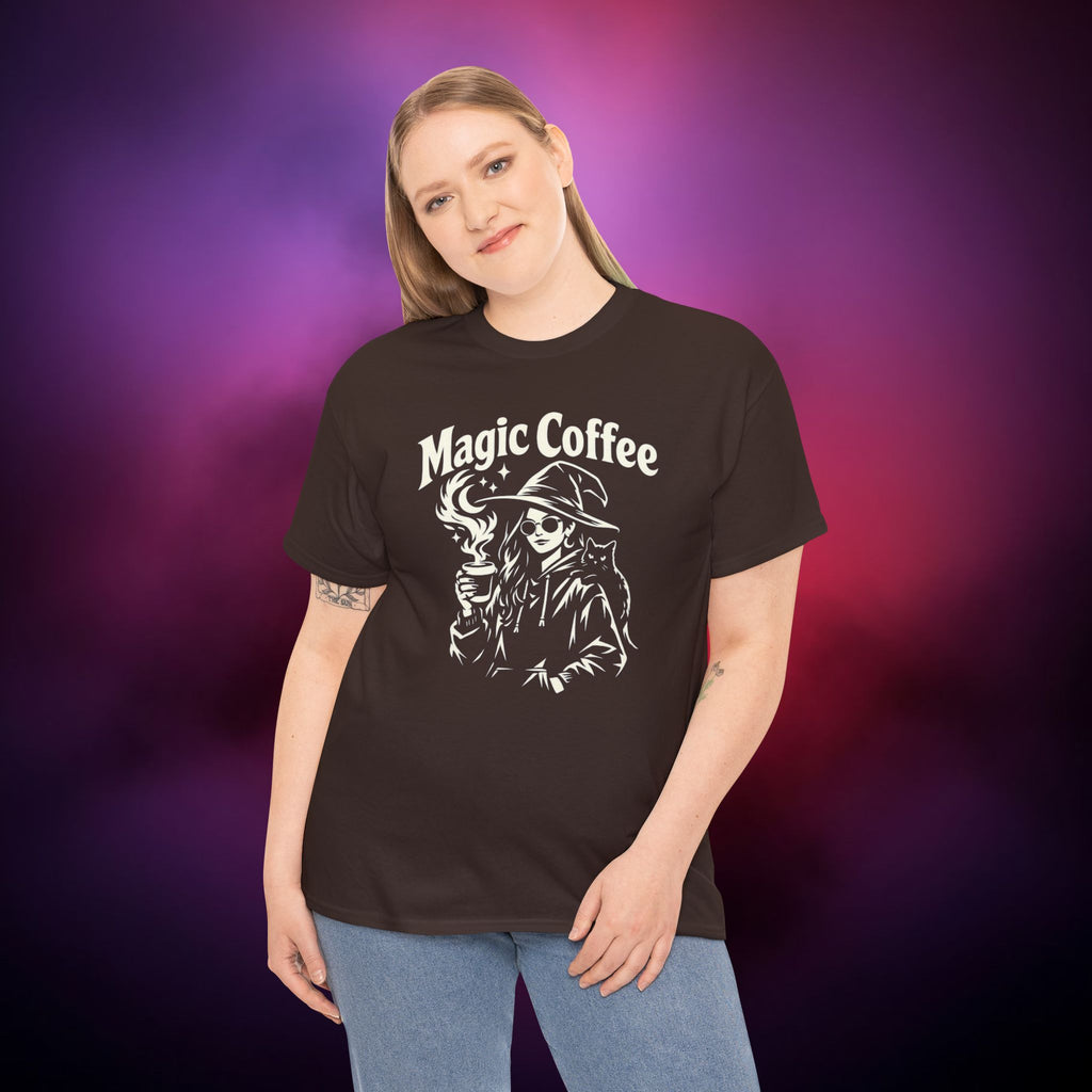 Magic Coffee Witch T-Shirt | Witchy Coffee Lover Tee with Cat | Gothic Aesthetic Graphic Shirt | Witchcore Unisex Apparel