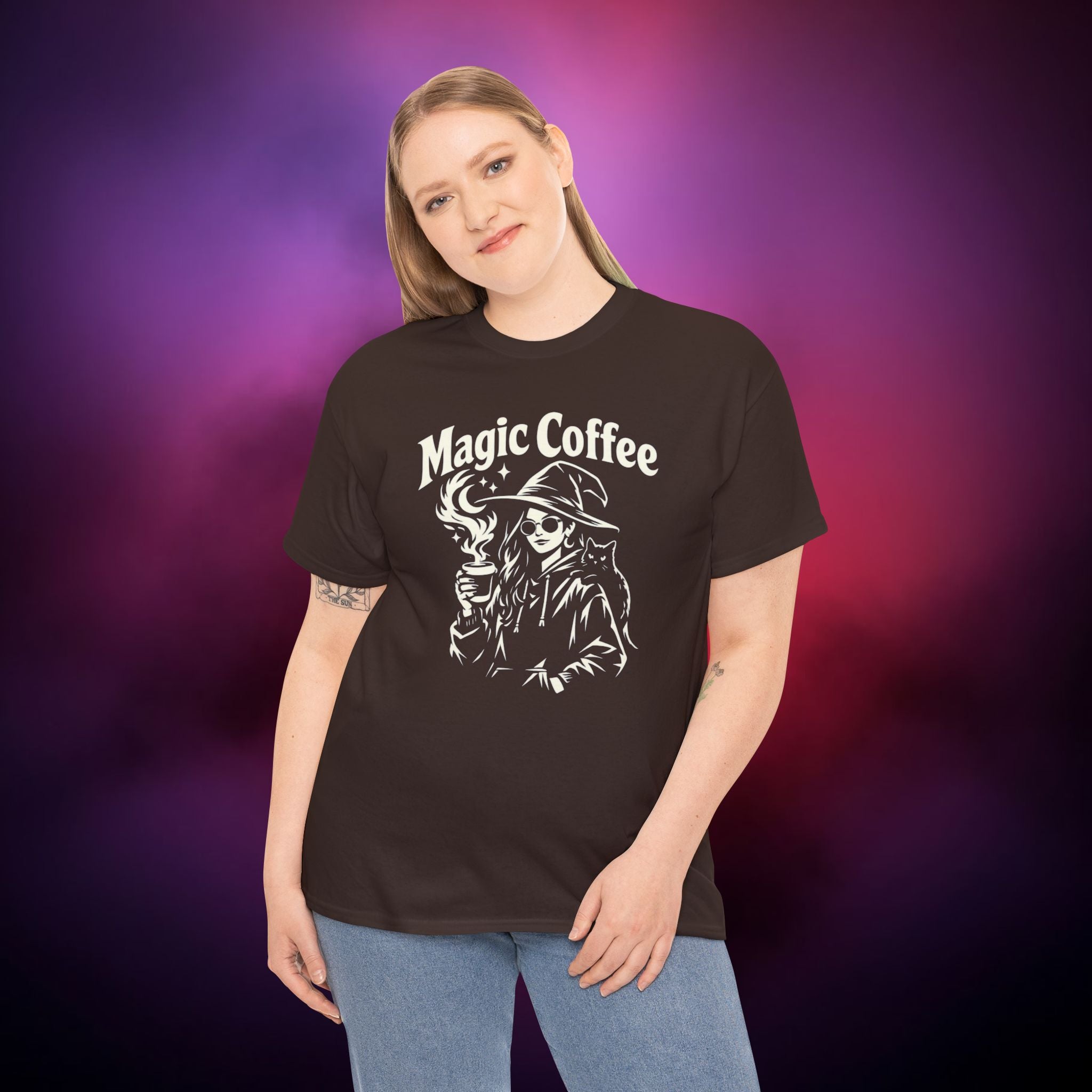 Magic Coffee Witch T-Shirt | Witchy Coffee Lover Tee with Cat | Gothic Aesthetic Graphic Shirt | Witchcore Unisex Apparel
