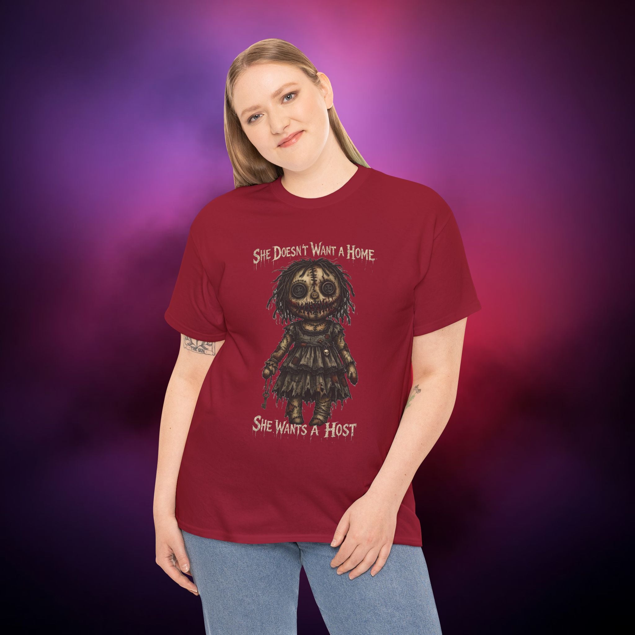 She Wants a Host Horror T‑Shirt – Creepy Possessed Doll Nightmare