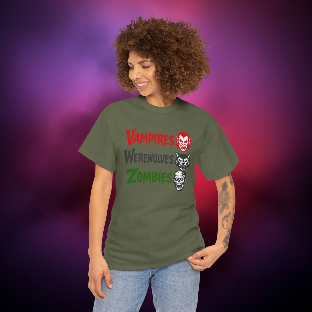 Vampires Werewolves Zombies T-Shirt – Classic Monster Horror Tee | Retro Halloween Graphic Shirt | Gothic Creature Trio Tee