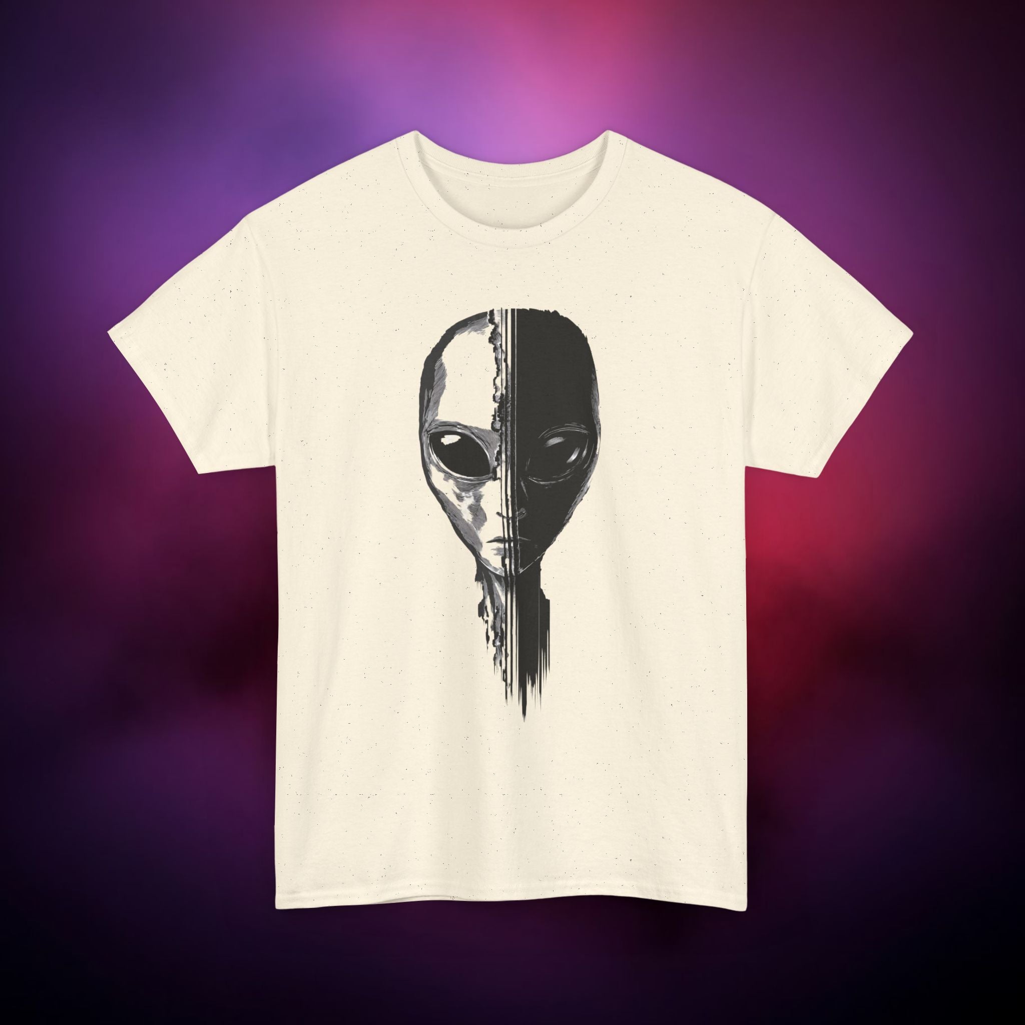 Alien Face Split T-Shirt – UFO Extraterrestrial Graphic Tee | Glitch Horror Sci-Fi Shirt | Dark Aesthetic ET Head Tee