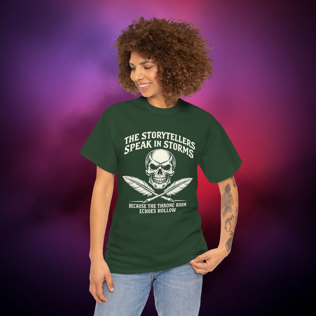 Storytellers Speak in Storms Skull T-Shirt – Gothic Writer Tee | Dark Poetry Graphic Shirt | Skull & Quill Horror Aesthetic Tee