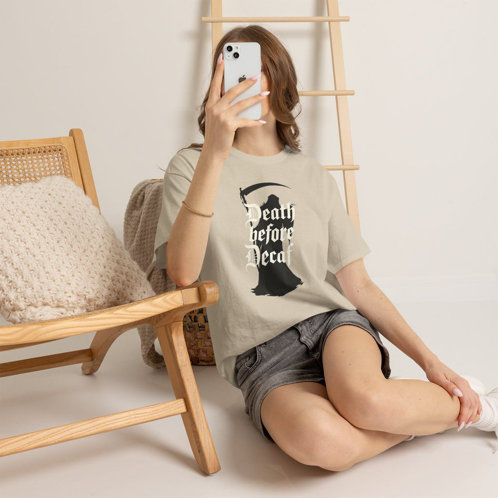 Death Before Decaf Grim Reaper T-Shirt – Funny Gothic Coffee Tee | Dark Humor Horror Shirt | Death Coffee Lover Graphic Tee
