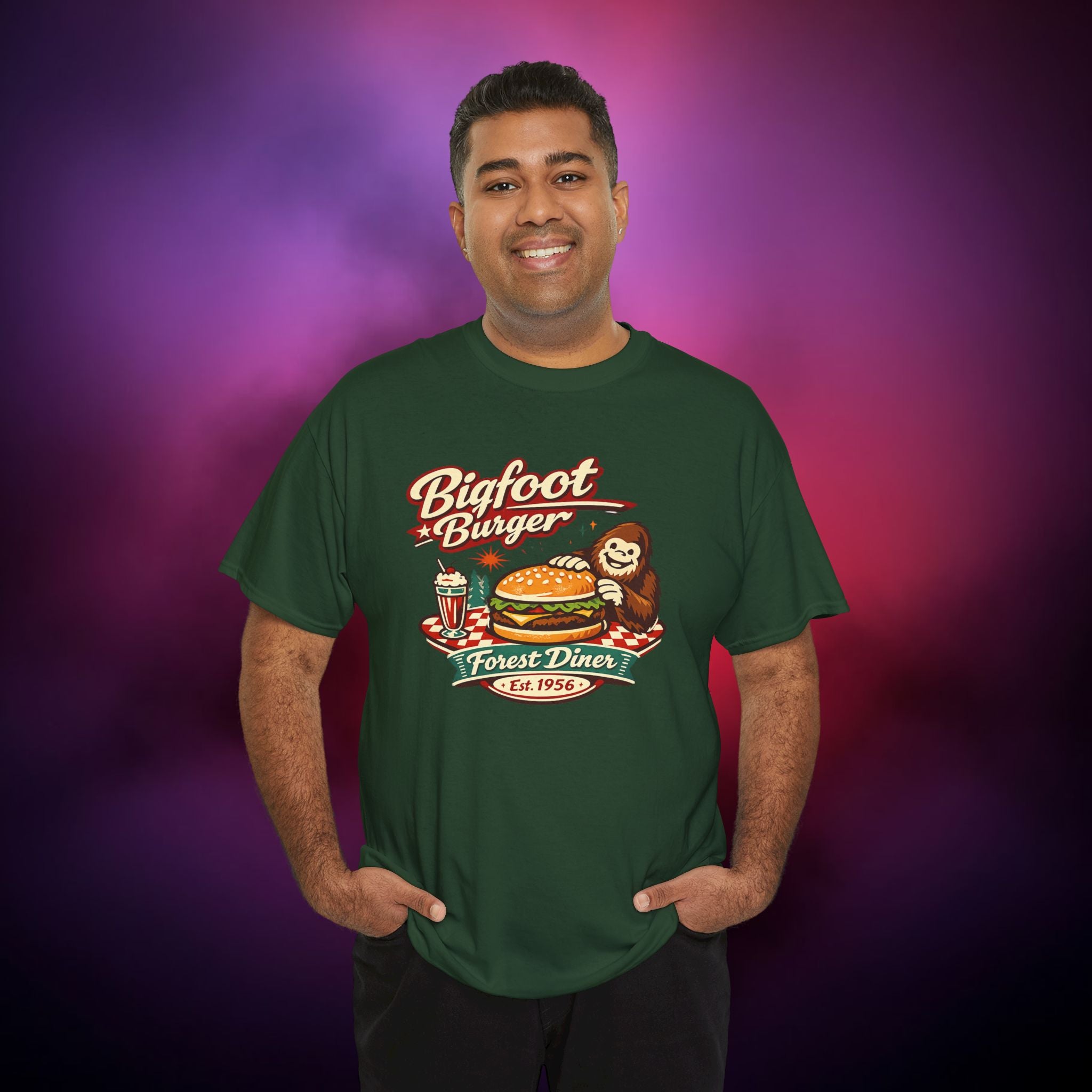 Tasty Bigfoot Burger T‑Shirt – Forest Diner Cryptid Design | Vintage Sasquatch Tee