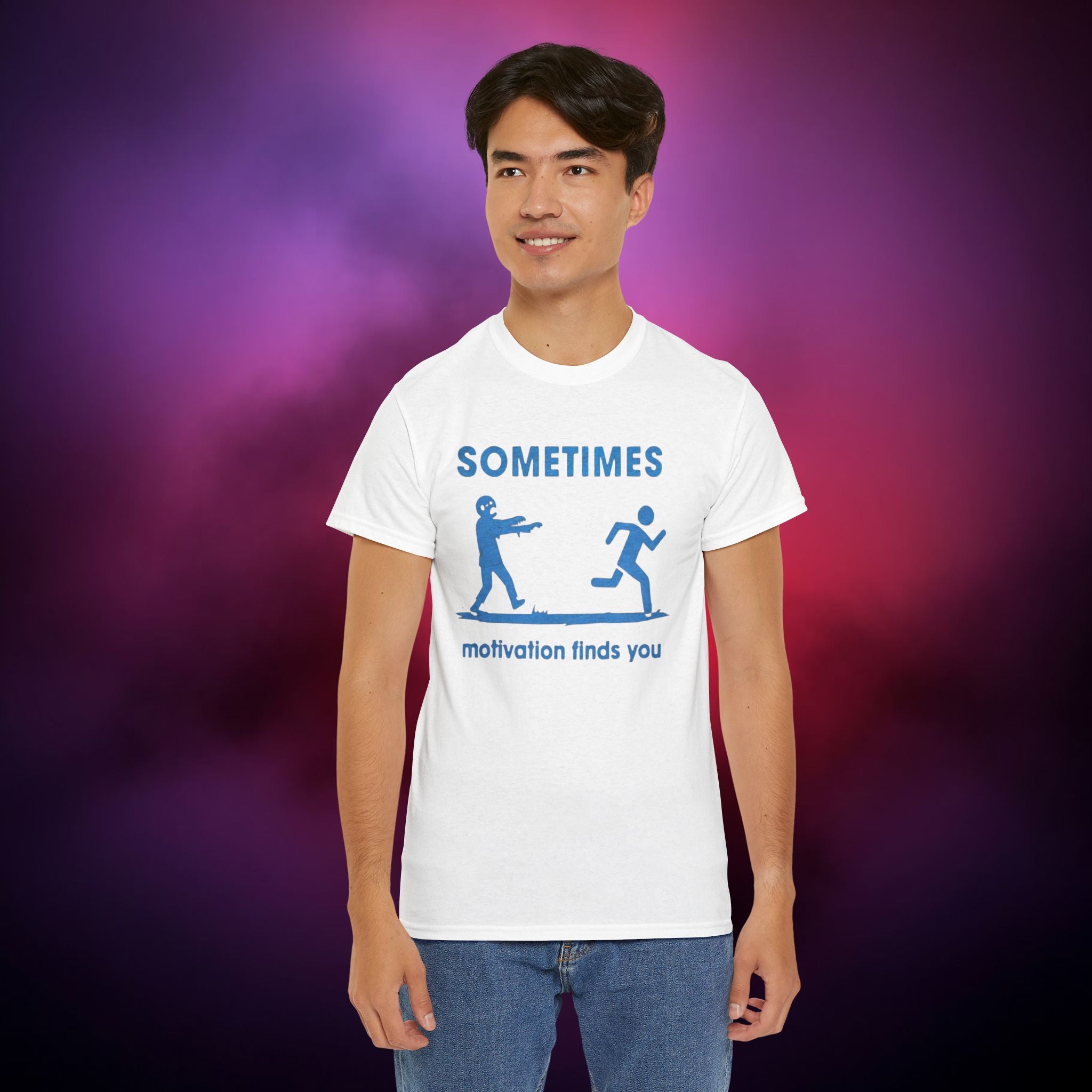 Sometimes Motivation Finds You T‑Shirt – Dark Humor Zombie Chase Horror Graphic Tee