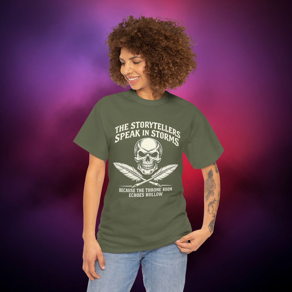 Storytellers Speak in Storms Skull T-Shirt – Gothic Writer Tee | Dark Poetry Graphic Shirt | Skull & Quill Horror Aesthetic Tee