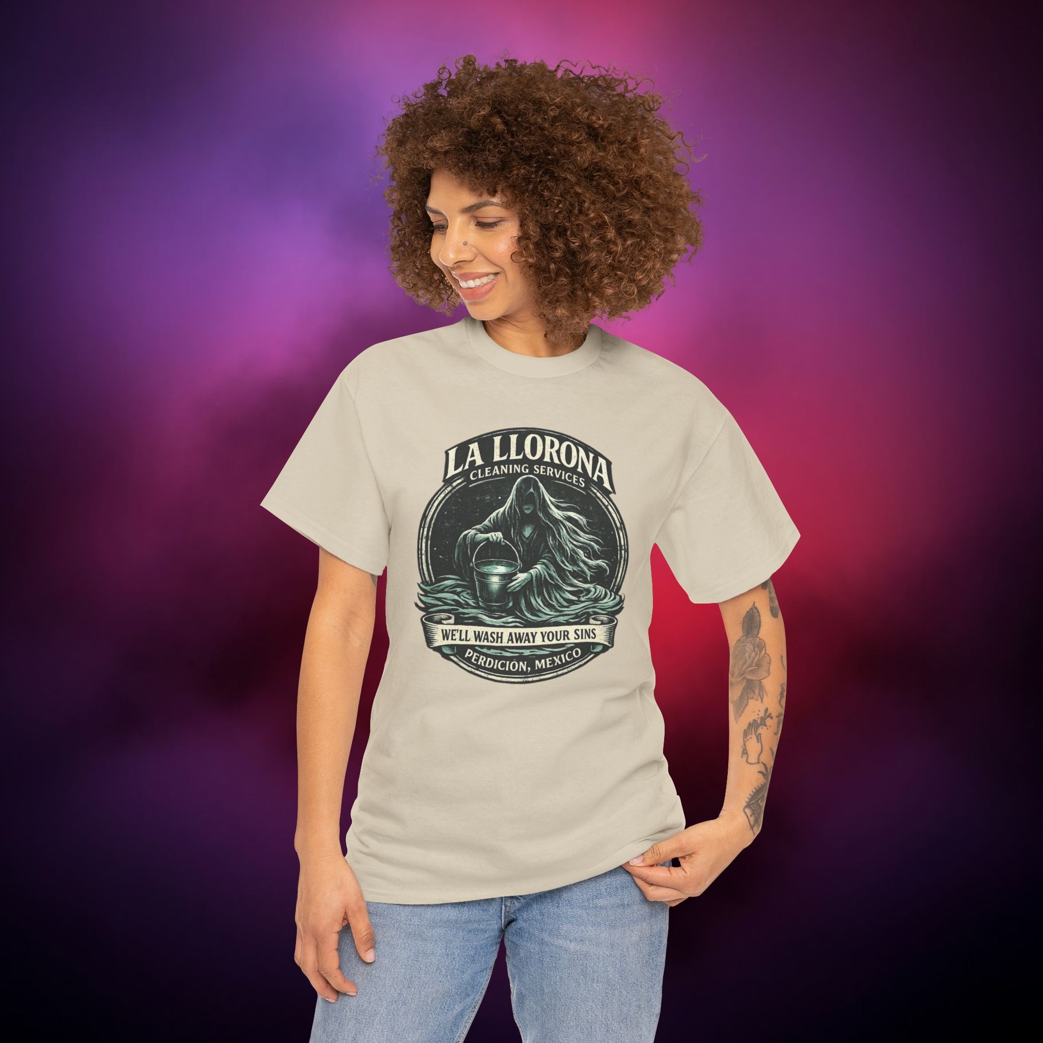 La Llorona Cleaning Services T-Shirt – Mexican Folklore Horror Tee | Gothic Ghost Legend Shirt | Dark Humor Urban Legend Graphic