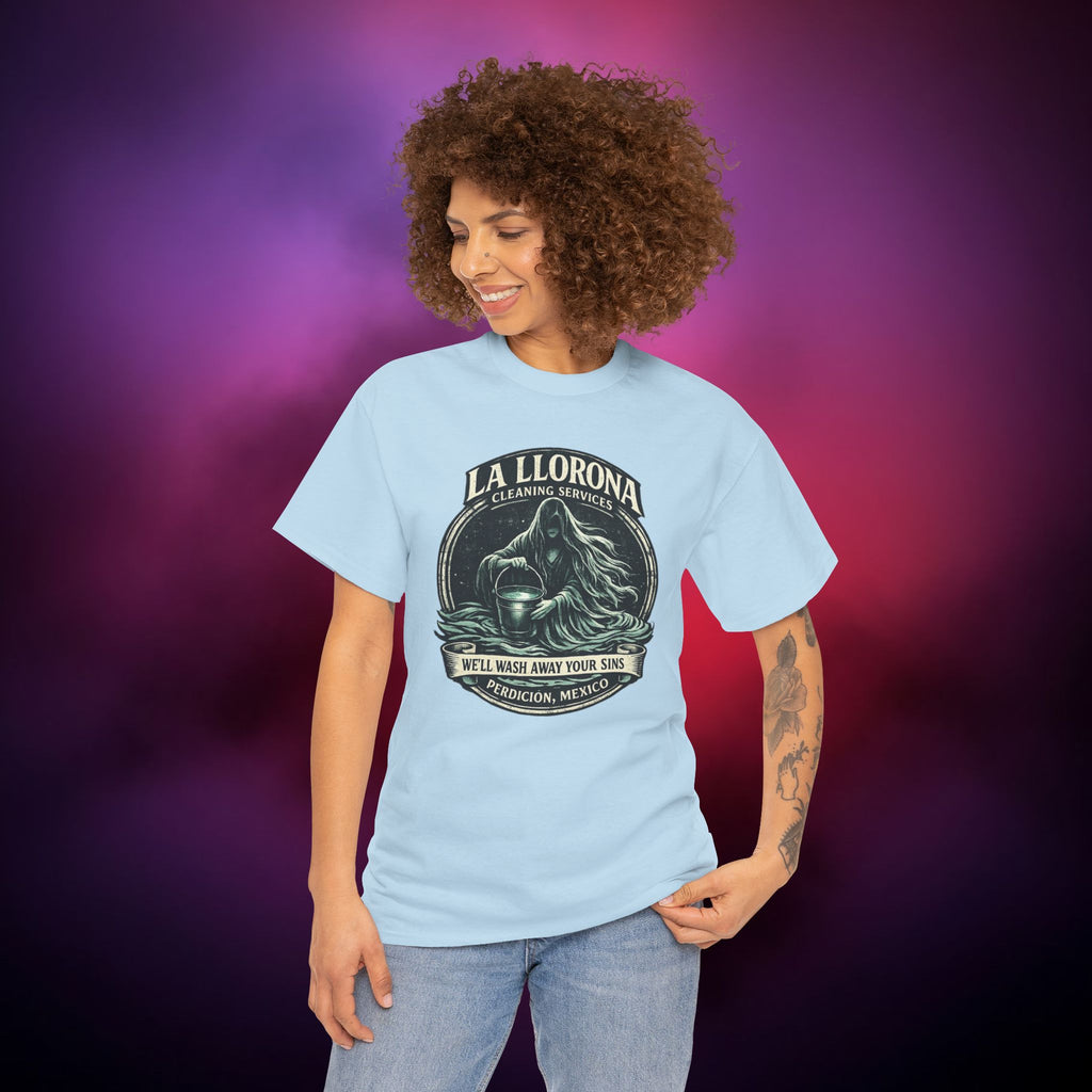 La Llorona Cleaning Services T-Shirt – Mexican Folklore Horror Tee | Gothic Ghost Legend Shirt | Dark Humor Urban Legend Graphic