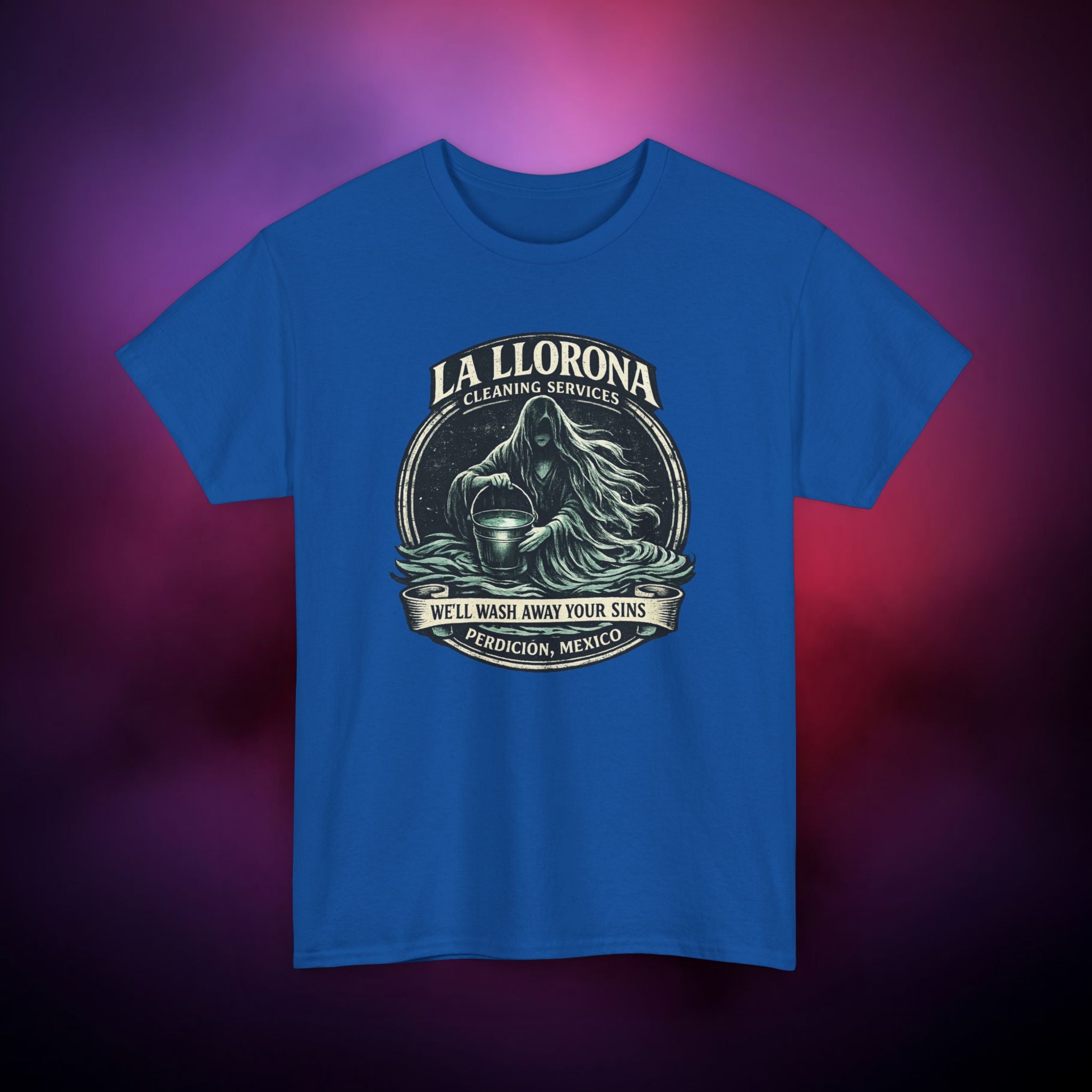 La Llorona Cleaning Services T-Shirt – Mexican Folklore Horror Tee | Gothic Ghost Legend Shirt | Dark Humor Urban Legend Graphic
