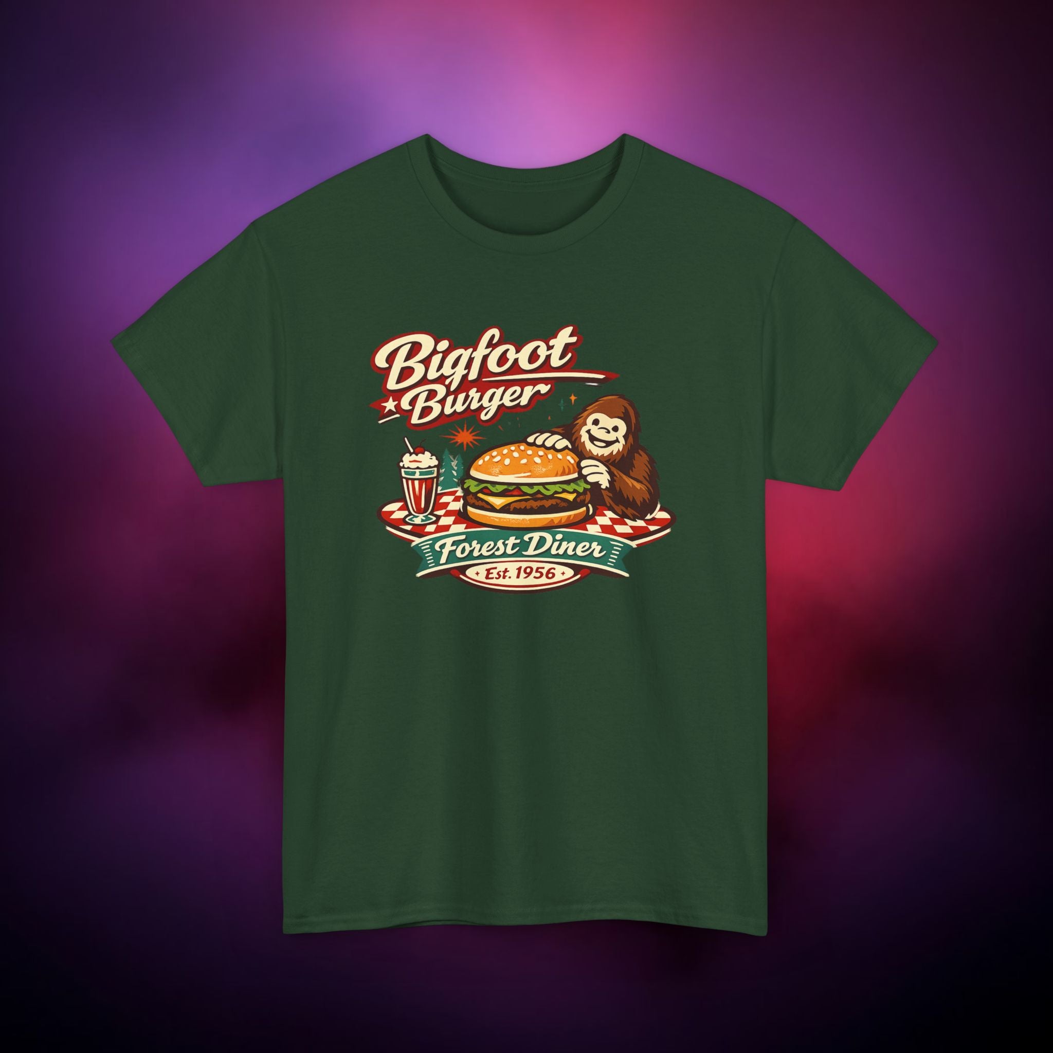 Tasty Bigfoot Burger T‑Shirt – Forest Diner Cryptid Design | Vintage Sasquatch Tee