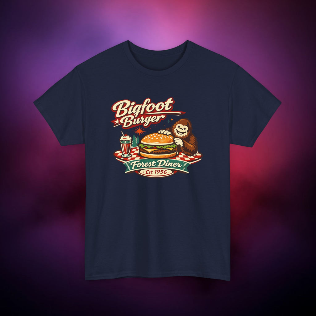 Tasty Bigfoot Burger T‑Shirt – Forest Diner Cryptid Design | Vintage Sasquatch Tee