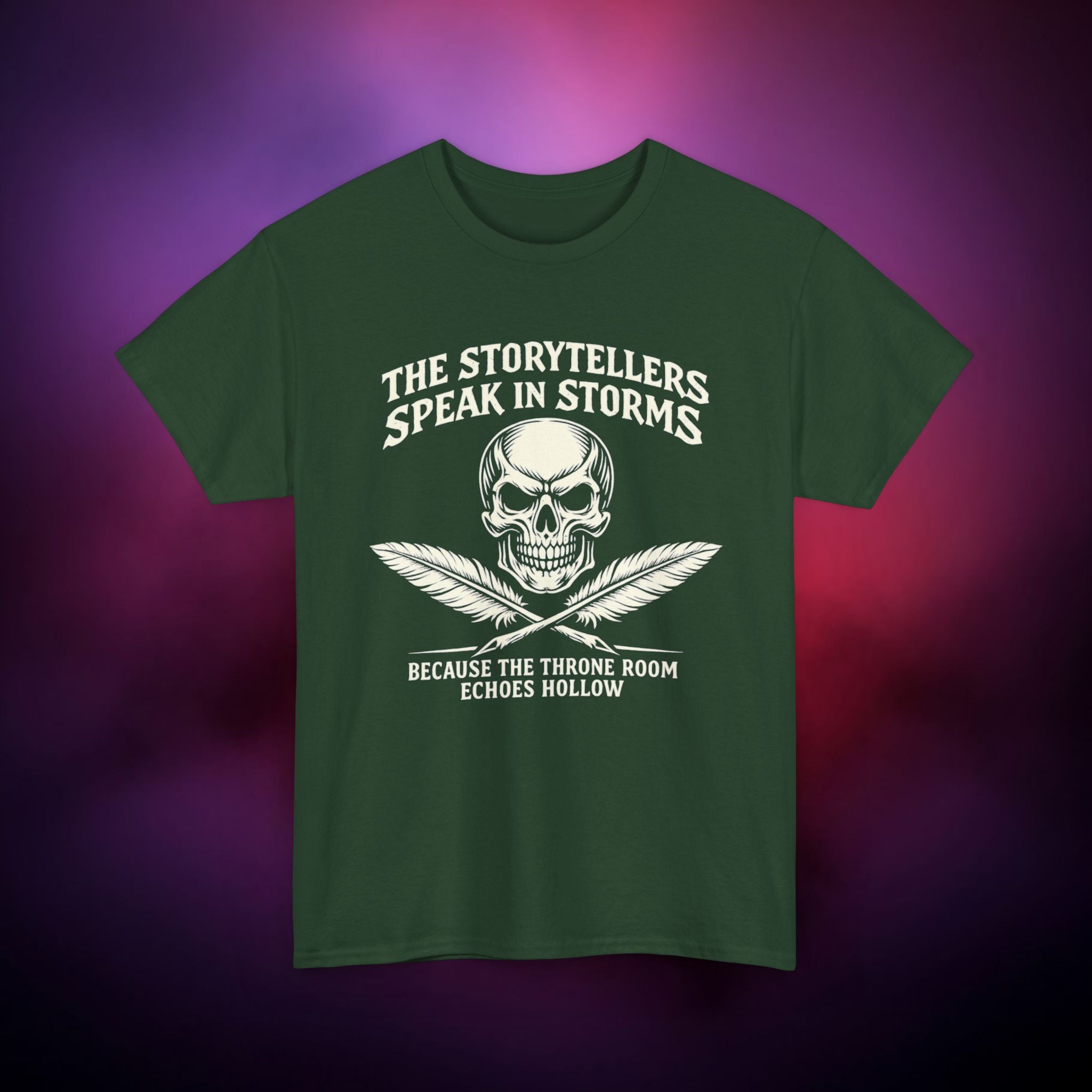 Storytellers Speak in Storms Skull T-Shirt – Gothic Writer Tee | Dark Poetry Graphic Shirt | Skull & Quill Horror Aesthetic Tee