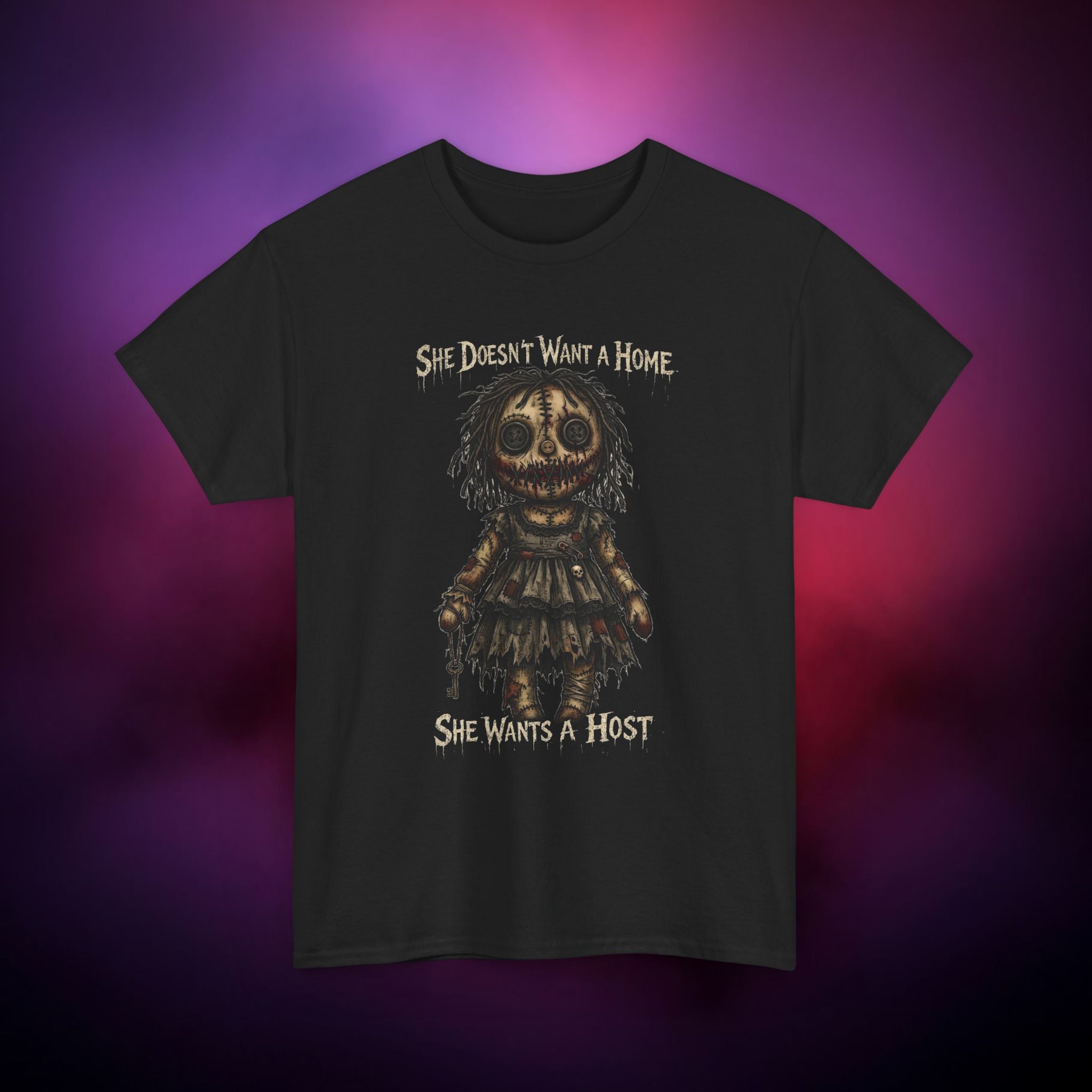 She Wants a Host Horror T‑Shirt – Creepy Possessed Doll Nightmare