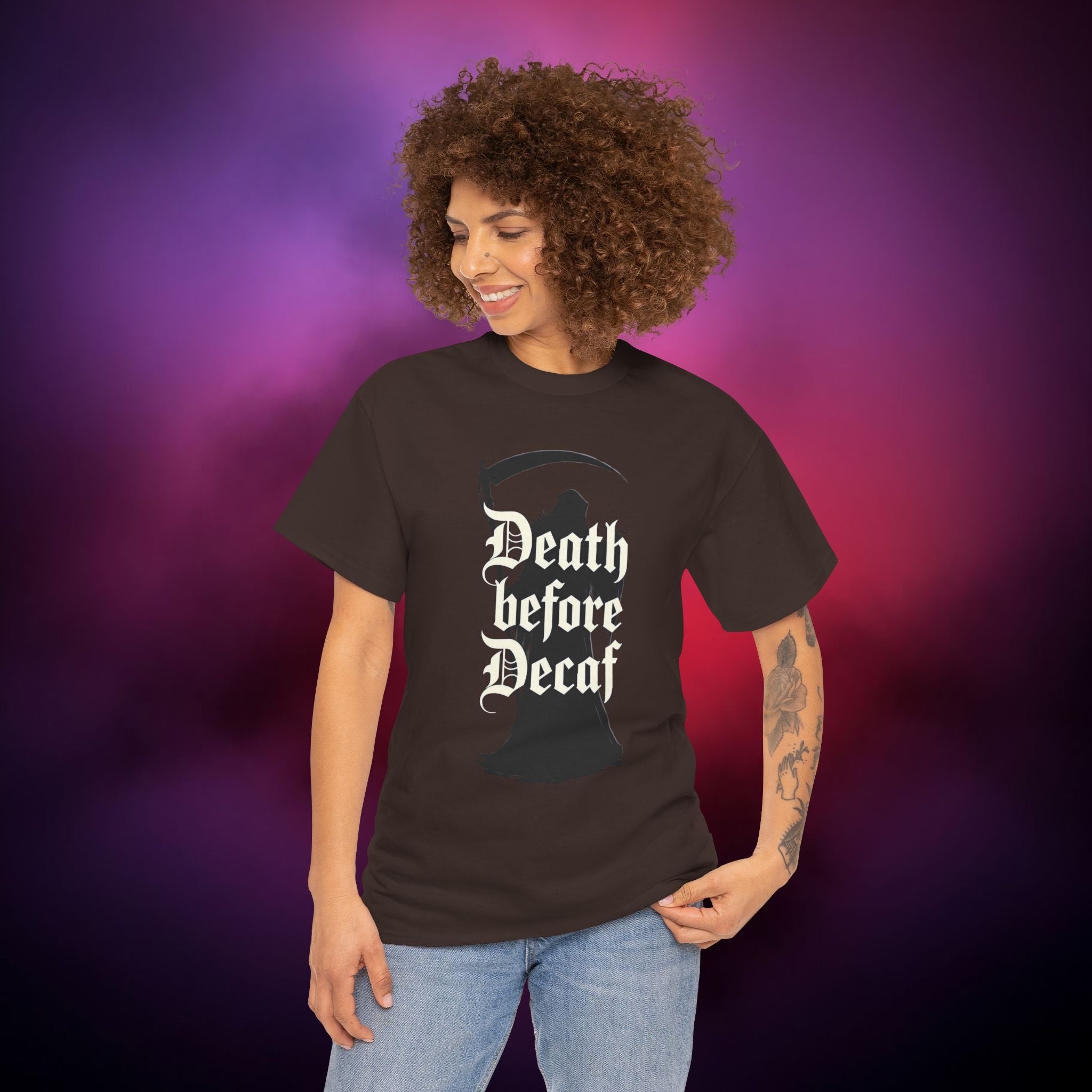 Death Before Decaf Grim Reaper T-Shirt – Funny Gothic Coffee Tee | Dark Humor Horror Shirt | Death Coffee Lover Graphic Tee