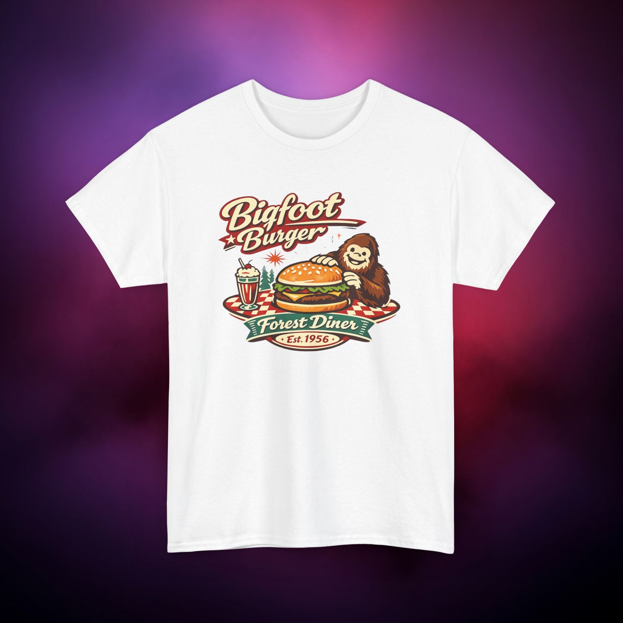 Tasty Bigfoot Burger T‑Shirt – Forest Diner Cryptid Design | Vintage Sasquatch Tee