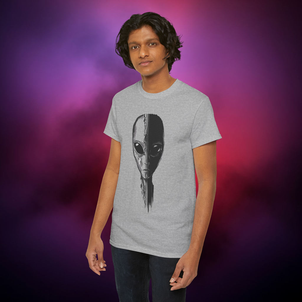 Alien Face Split T-Shirt – UFO Extraterrestrial Graphic Tee | Glitch Horror Sci-Fi Shirt | Dark Aesthetic ET Head Tee