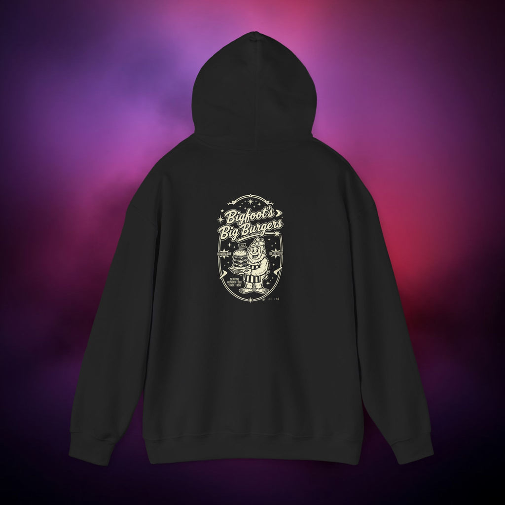 Diner Bigfoot’s Big Burgers Hoodie – Sasquatch Cryptid Fast Food Graphic Hoodie