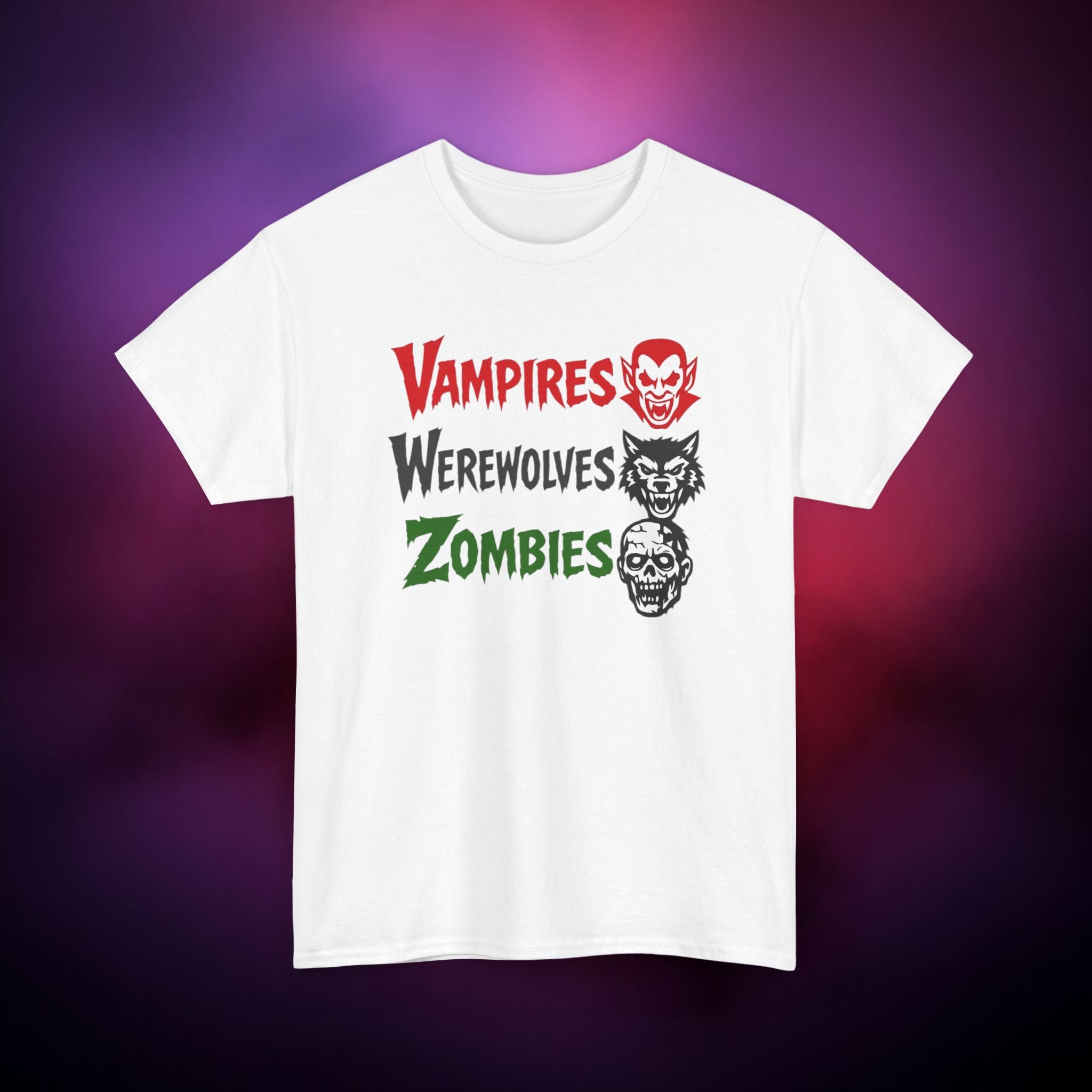 Vampires Werewolves Zombies T-Shirt – Classic Monster Horror Tee | Retro Halloween Graphic Shirt | Gothic Creature Trio Tee