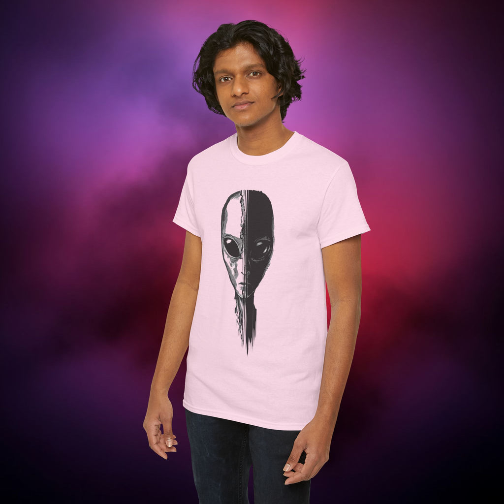 Alien Face Split T-Shirt – UFO Extraterrestrial Graphic Tee | Glitch Horror Sci-Fi Shirt | Dark Aesthetic ET Head Tee