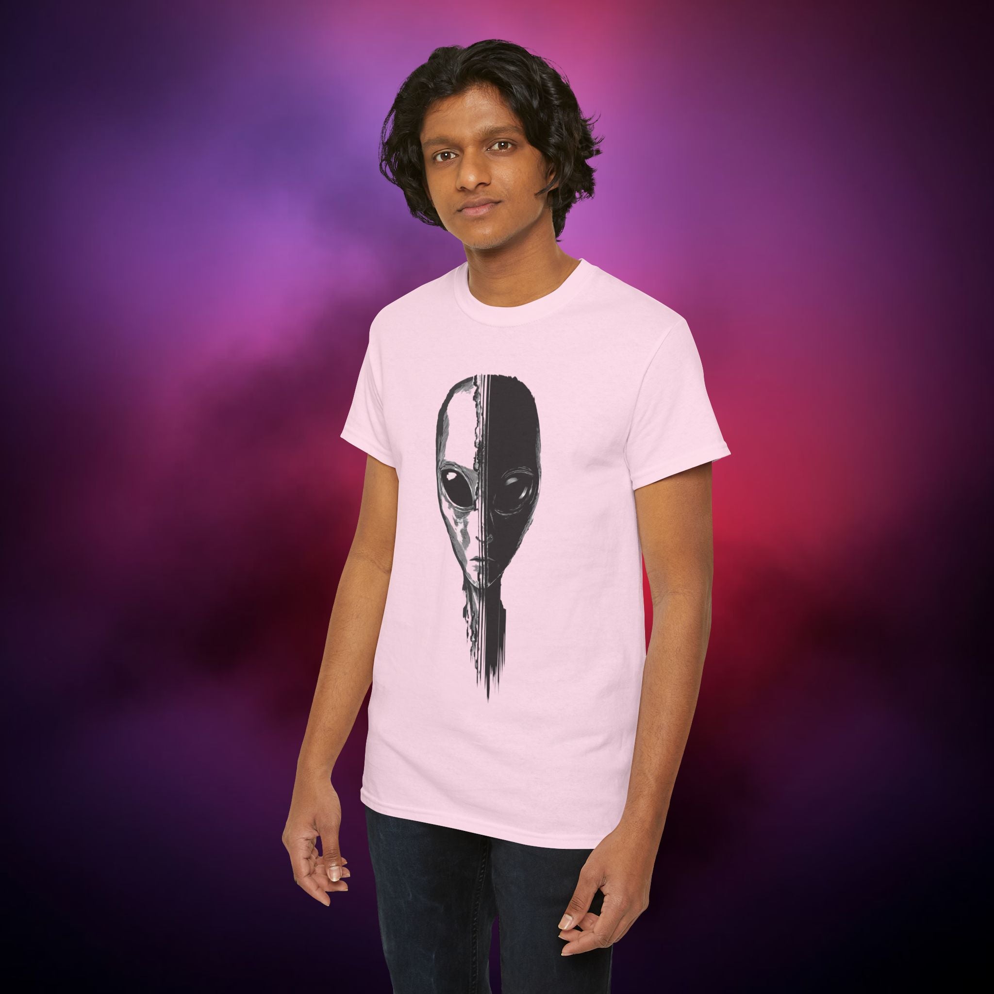 Alien Face Split T-Shirt – UFO Extraterrestrial Graphic Tee | Glitch Horror Sci-Fi Shirt | Dark Aesthetic ET Head Tee
