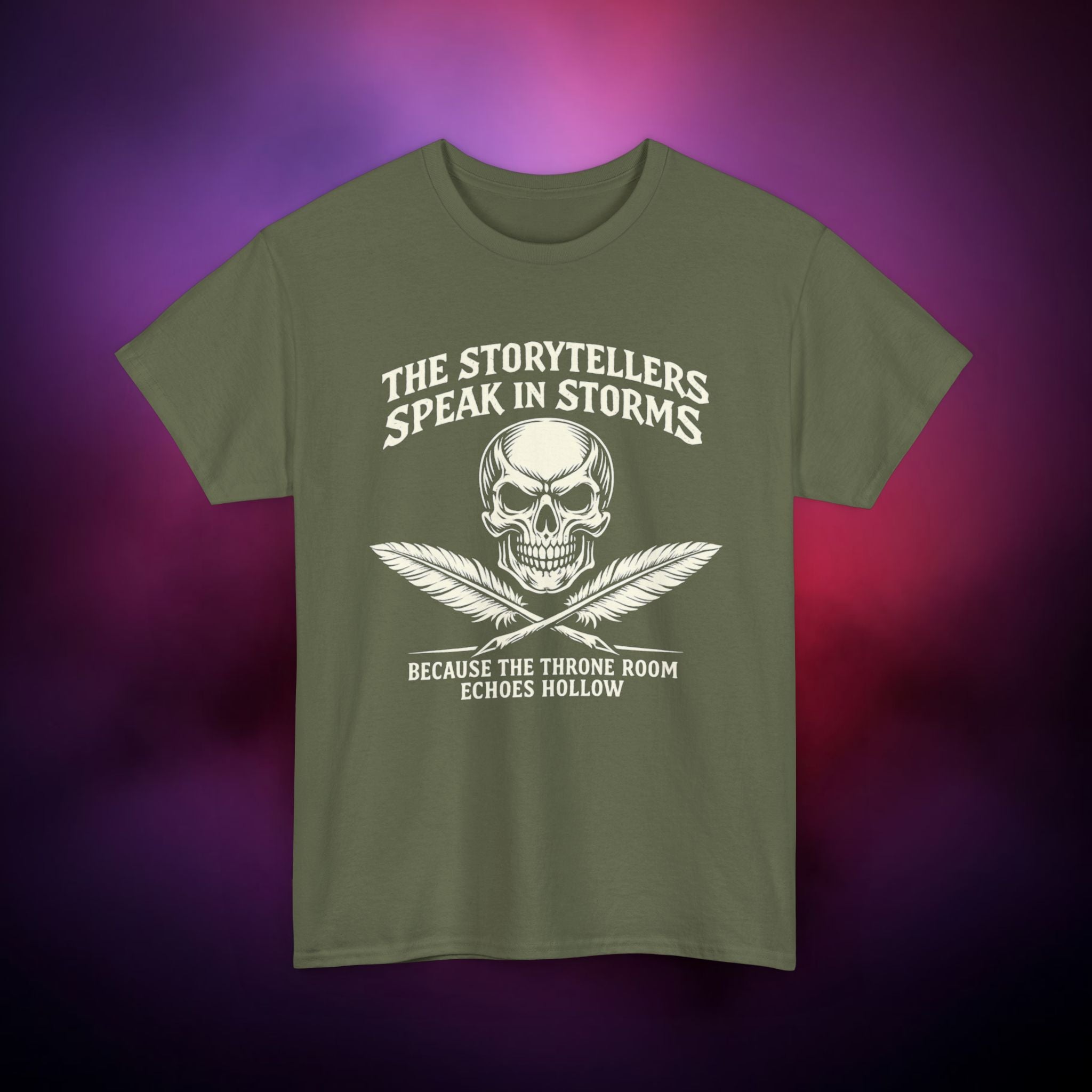 Storytellers Speak in Storms Skull T-Shirt – Gothic Writer Tee | Dark Poetry Graphic Shirt | Skull & Quill Horror Aesthetic Tee