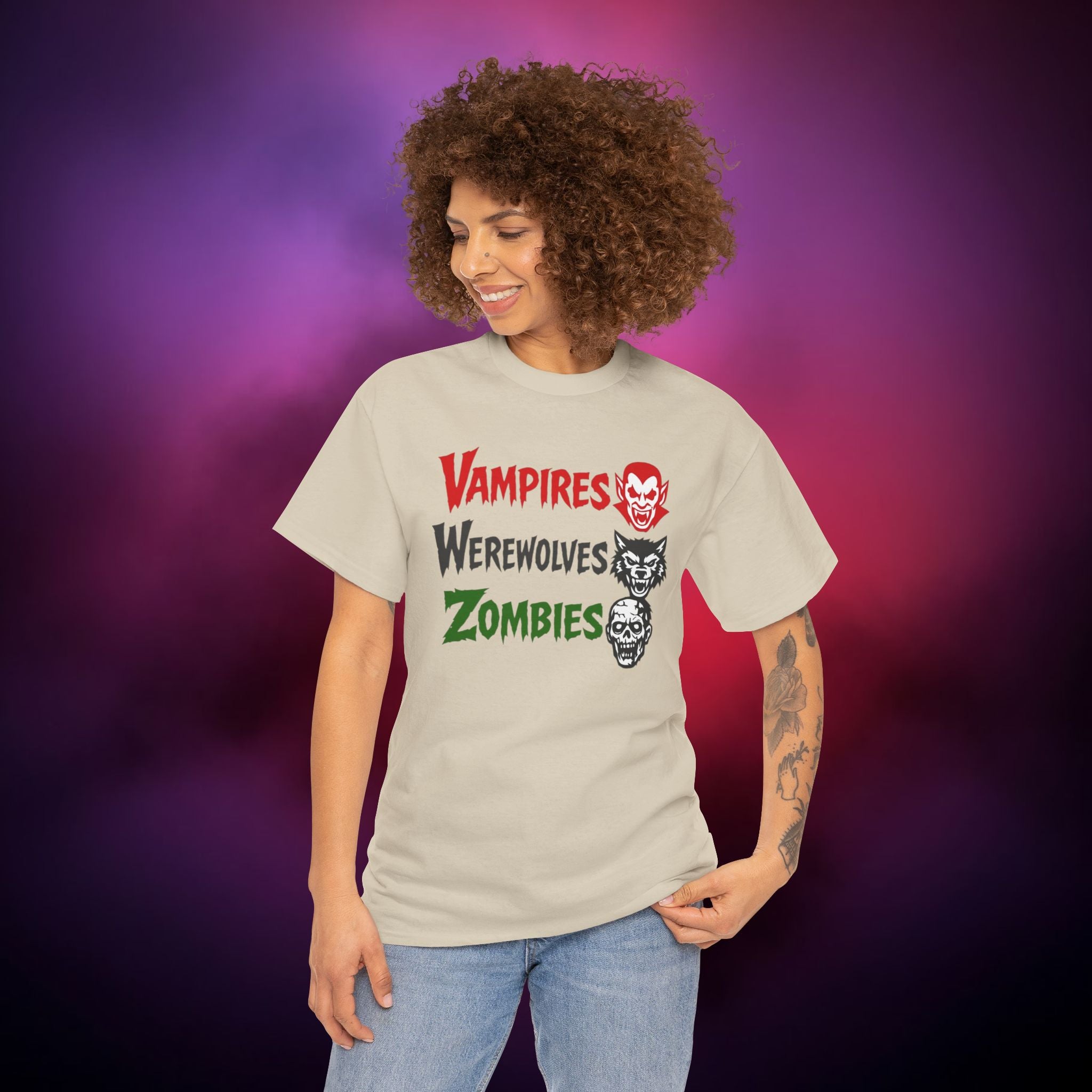 Vampires Werewolves Zombies T-Shirt – Classic Monster Horror Tee | Retro Halloween Graphic Shirt | Gothic Creature Trio Tee