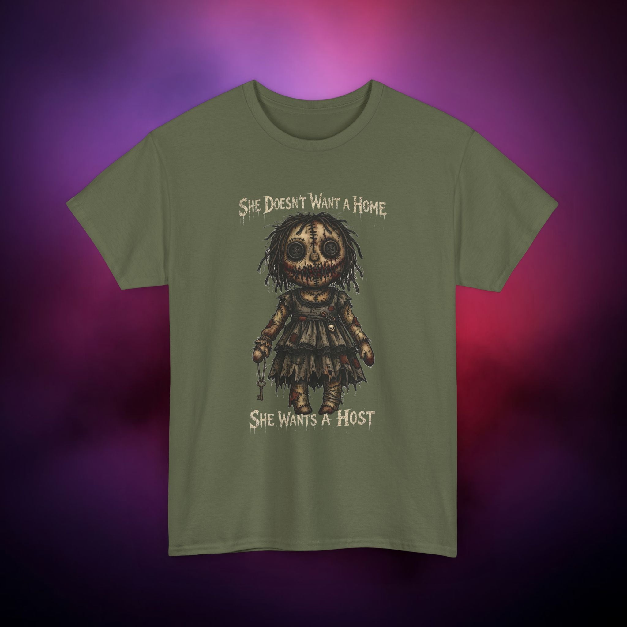 She Wants a Host Horror T‑Shirt – Creepy Possessed Doll Nightmare