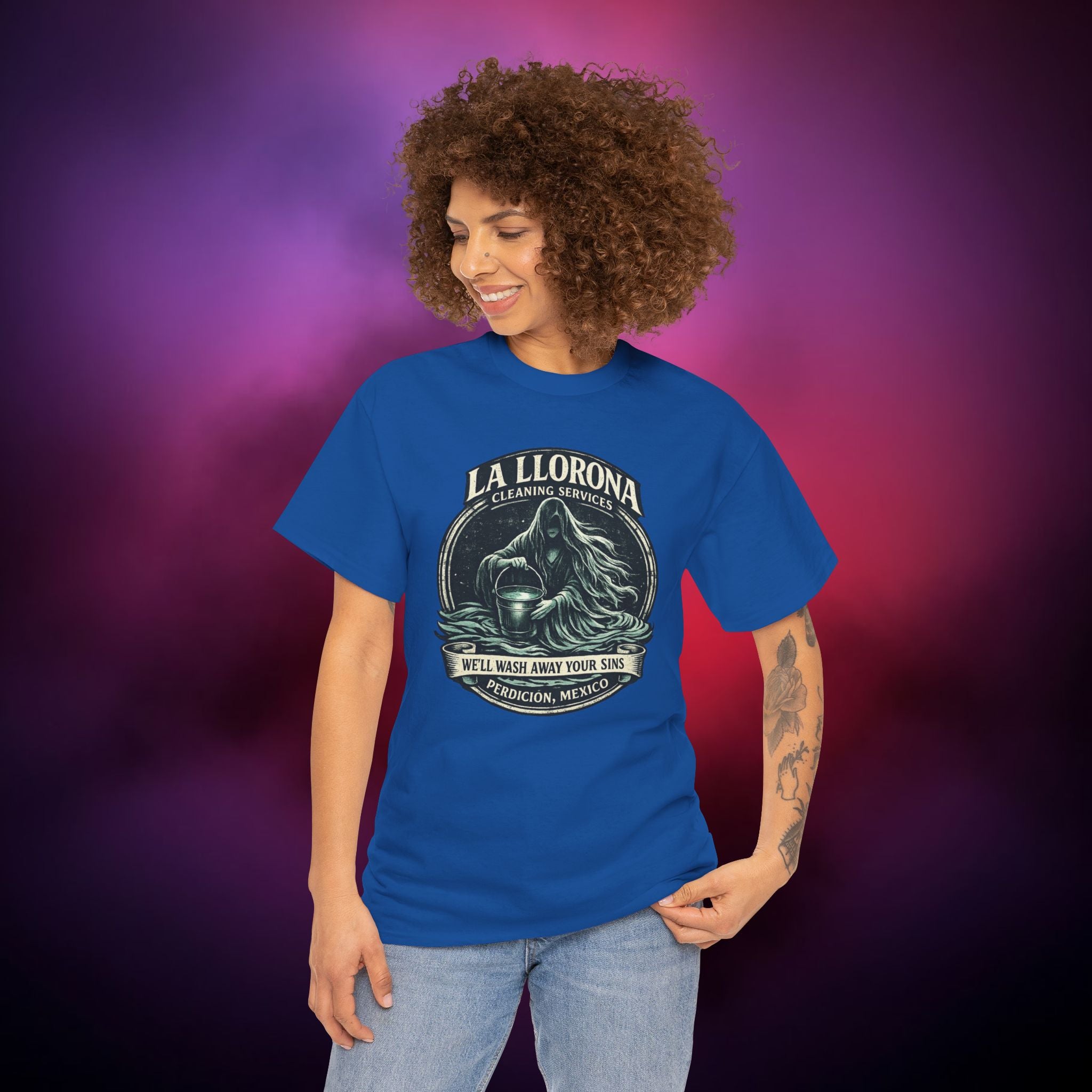 La Llorona Cleaning Services T-Shirt – Mexican Folklore Horror Tee | Gothic Ghost Legend Shirt | Dark Humor Urban Legend Graphic