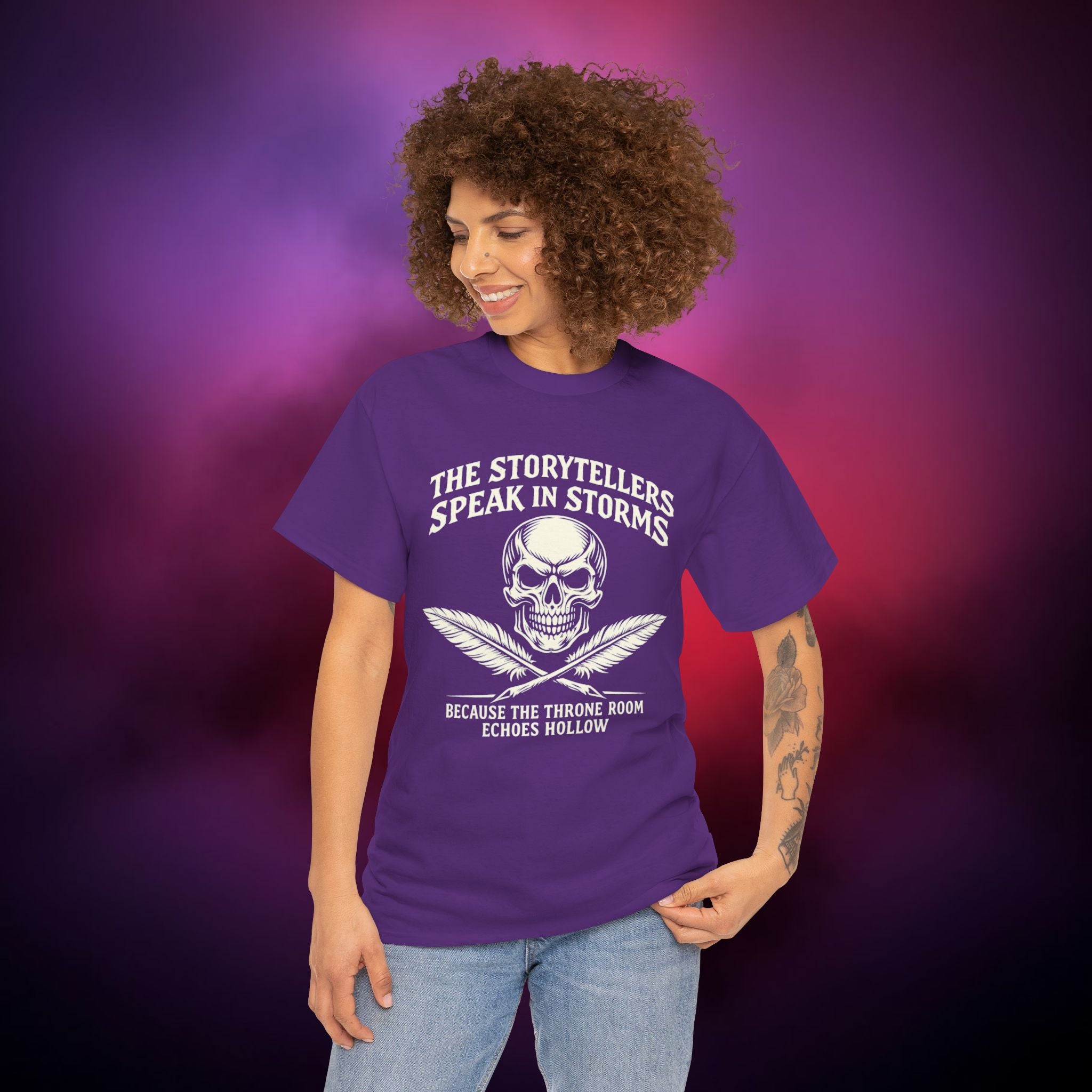 Storytellers Speak in Storms Skull T-Shirt – Gothic Writer Tee | Dark Poetry Graphic Shirt | Skull & Quill Horror Aesthetic Tee