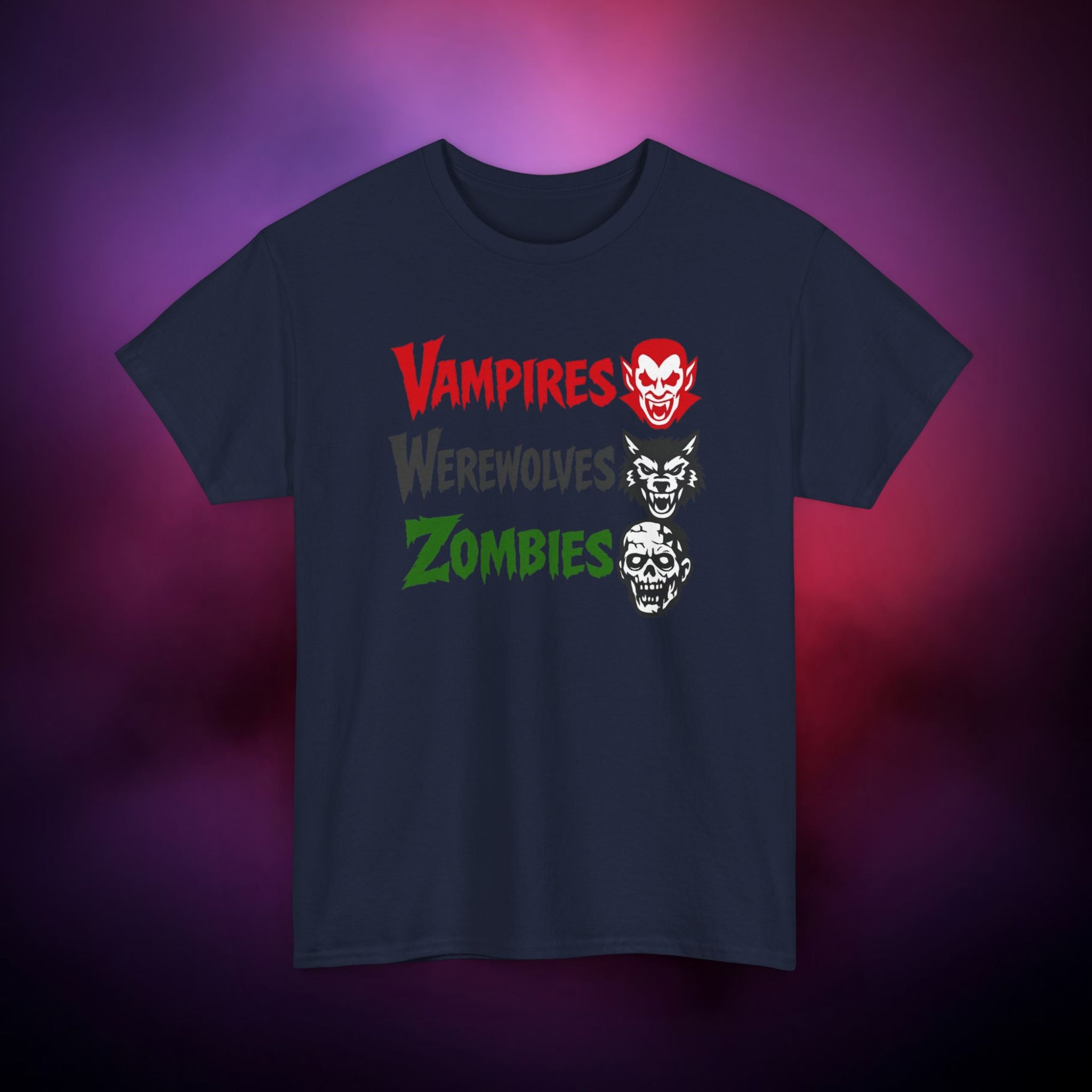 Vampires Werewolves Zombies T-Shirt – Classic Monster Horror Tee | Retro Halloween Graphic Shirt | Gothic Creature Trio Tee