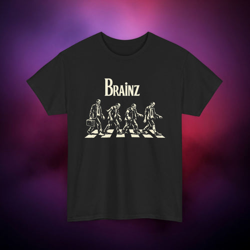 Brainz Zombie Crossing T-Shirt – Horror Parody Tee | Gothic Undead Street Art Shirt | Funny Dark Halloween Graphic Tee