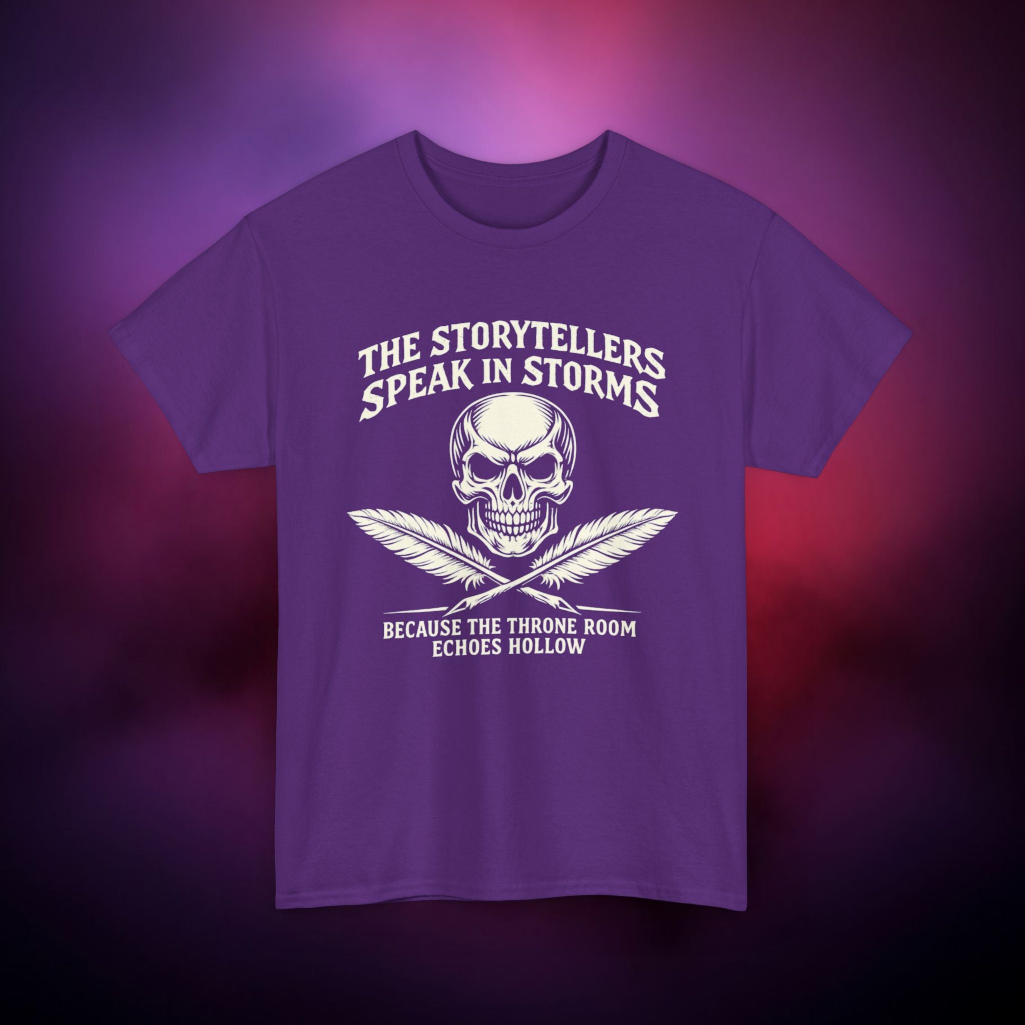 Storytellers Speak in Storms Skull T-Shirt – Gothic Writer Tee | Dark Poetry Graphic Shirt | Skull & Quill Horror Aesthetic Tee