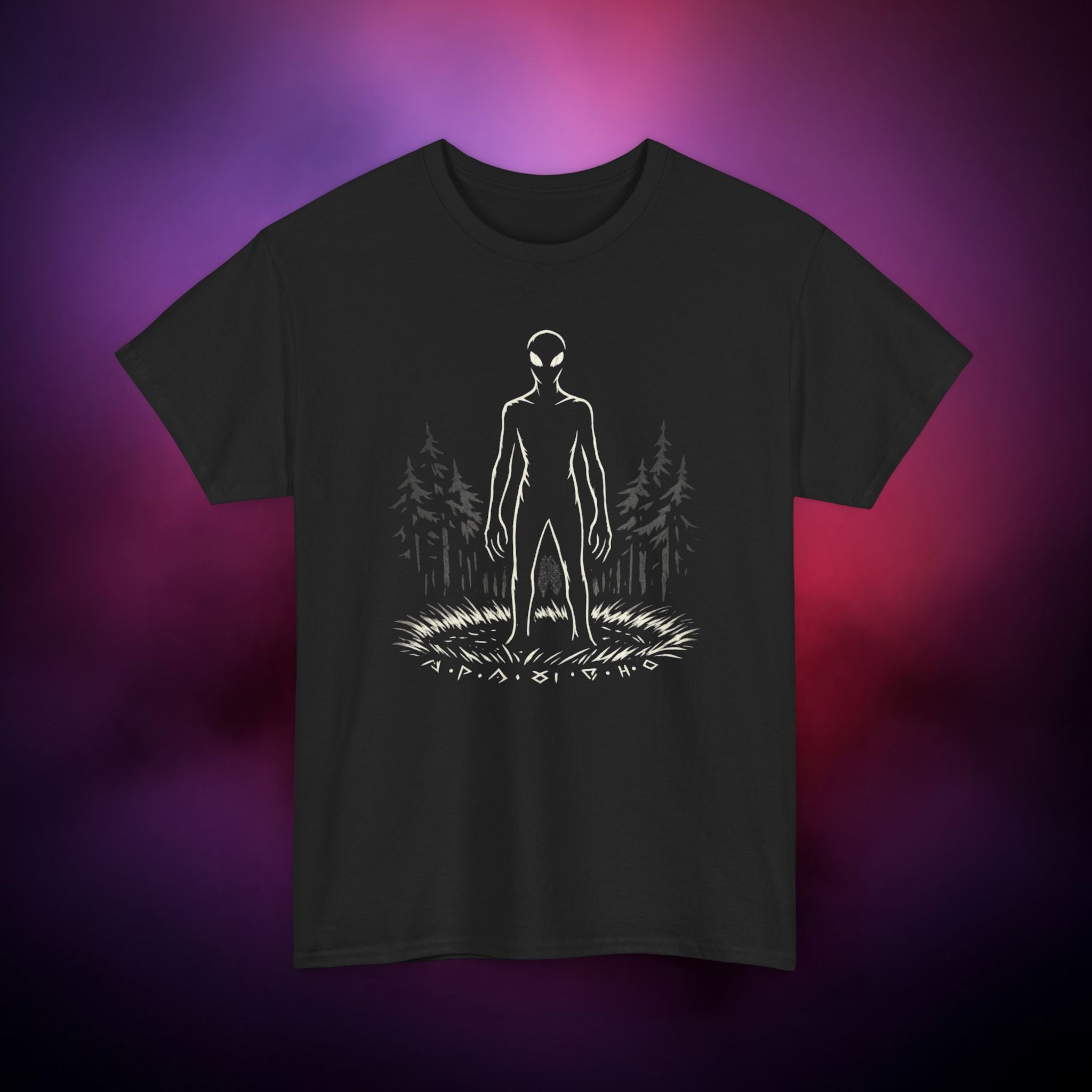 Alien Encounter in the Woods T-Shirt | UFO Horror Graphic Tee | Cryptid Forest Silhouette Shirt | Unisex Dark Aesthetic Apparel