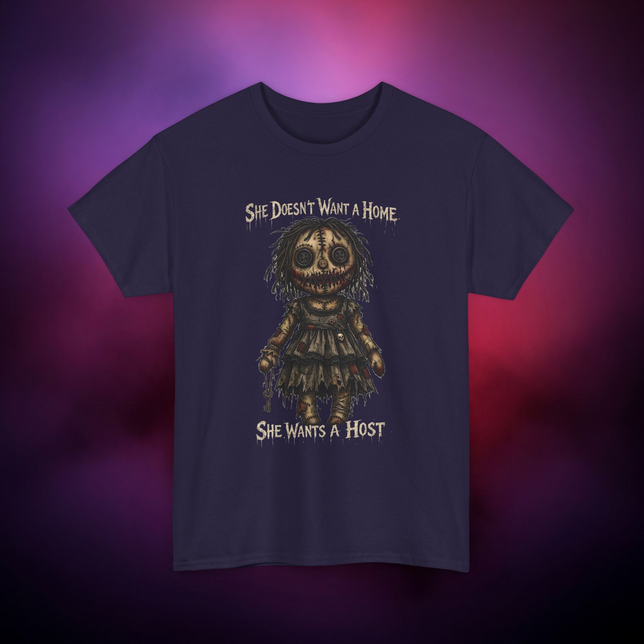 She Wants a Host Horror T‑Shirt – Creepy Possessed Doll Nightmare