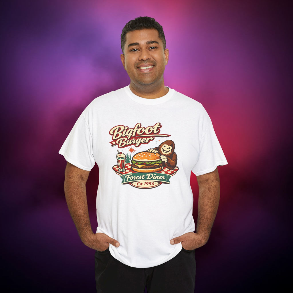 Tasty Bigfoot Burger T‑Shirt – Forest Diner Cryptid Design | Vintage Sasquatch Tee
