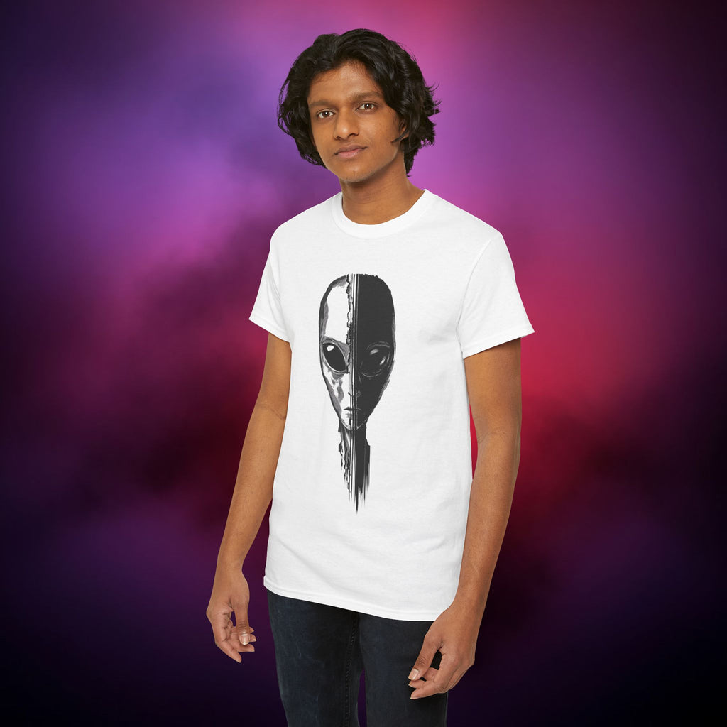 Alien Face Split T-Shirt – UFO Extraterrestrial Graphic Tee | Glitch Horror Sci-Fi Shirt | Dark Aesthetic ET Head Tee