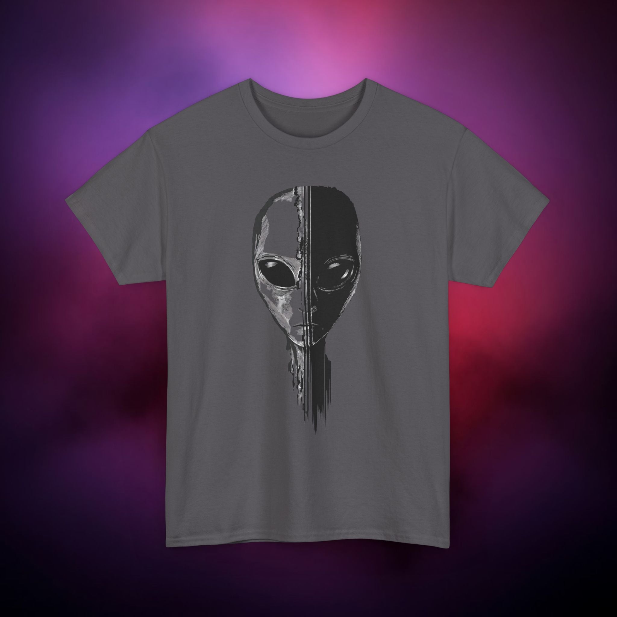 Alien Face Split T-Shirt – UFO Extraterrestrial Graphic Tee | Glitch Horror Sci-Fi Shirt | Dark Aesthetic ET Head Tee