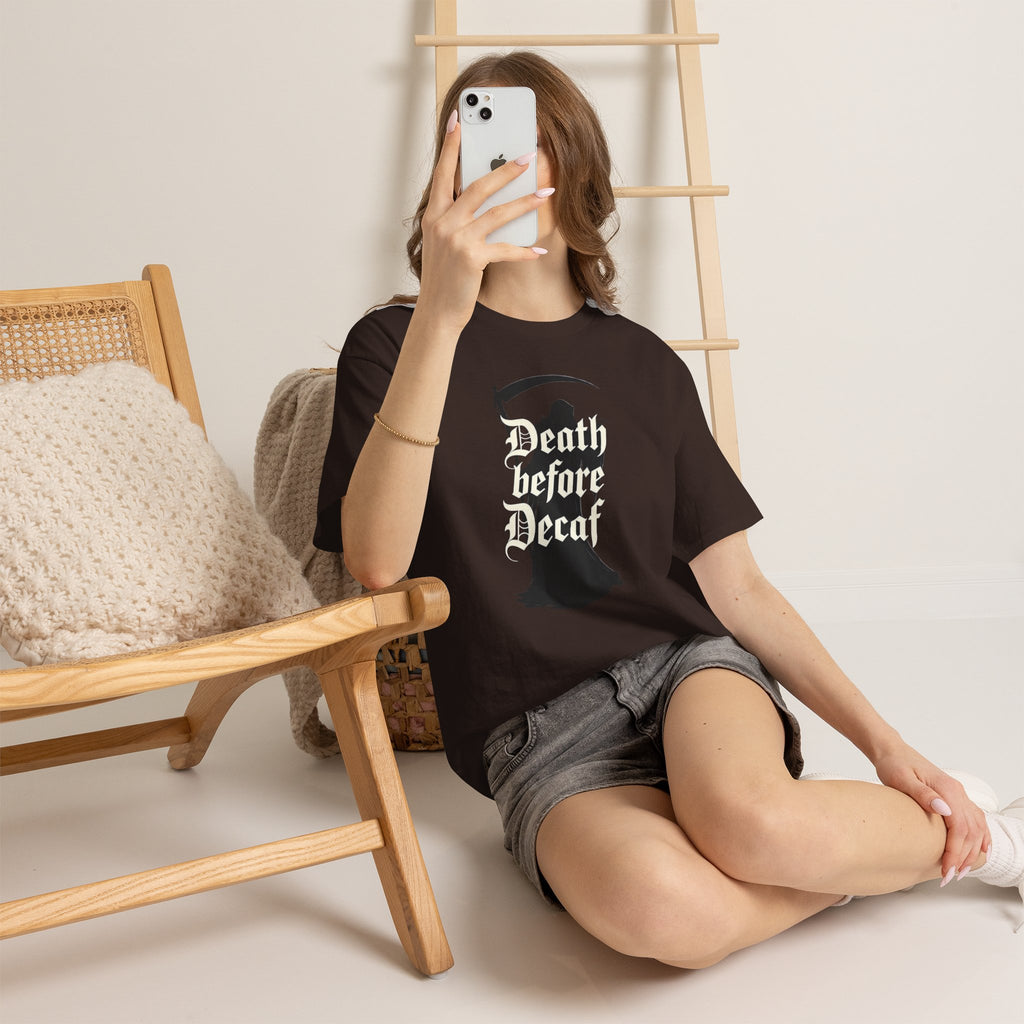Death Before Decaf Grim Reaper T-Shirt – Funny Gothic Coffee Tee | Dark Humor Horror Shirt | Death Coffee Lover Graphic Tee