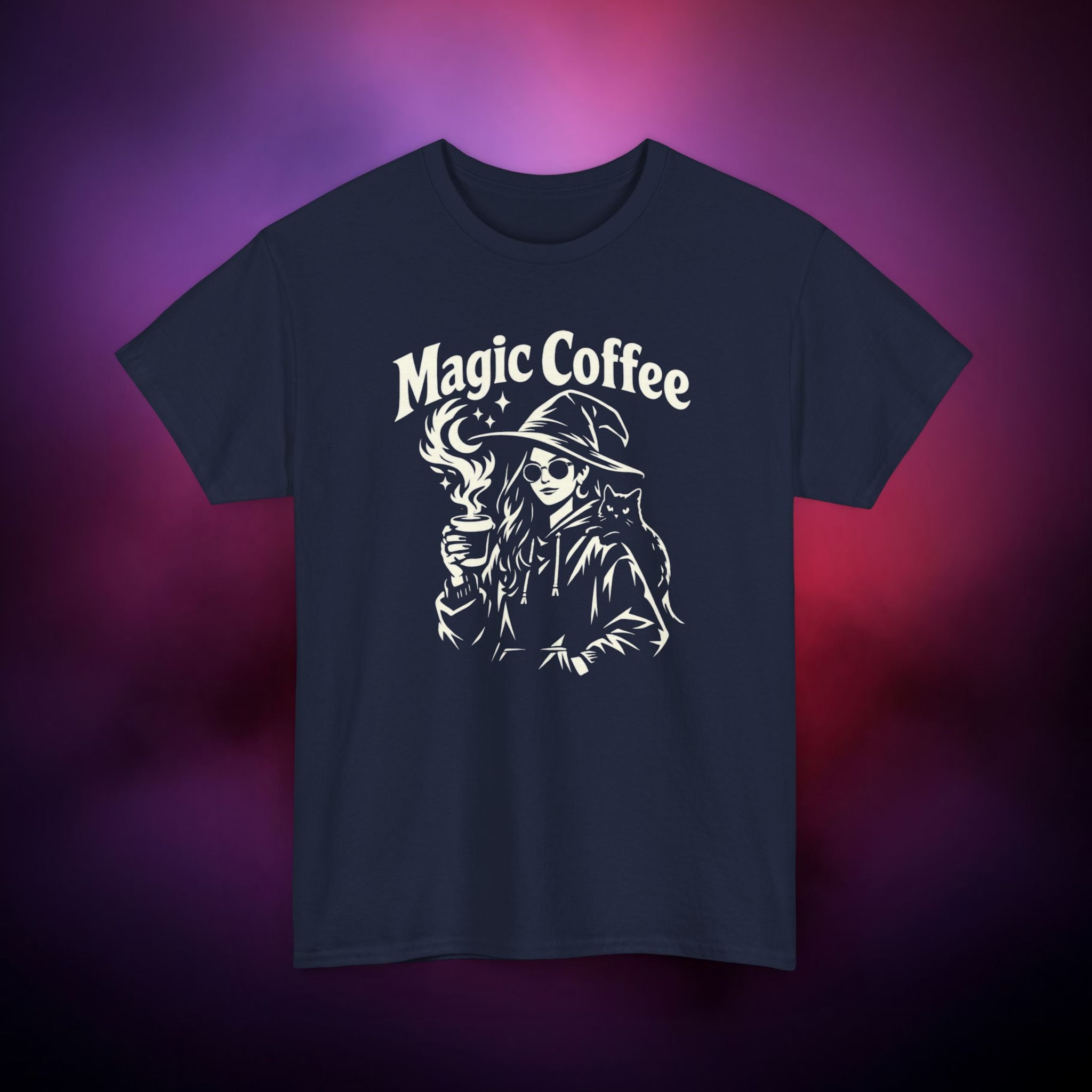 Magic Coffee Witch T-Shirt | Witchy Coffee Lover Tee with Cat | Gothic Aesthetic Graphic Shirt | Witchcore Unisex Apparel