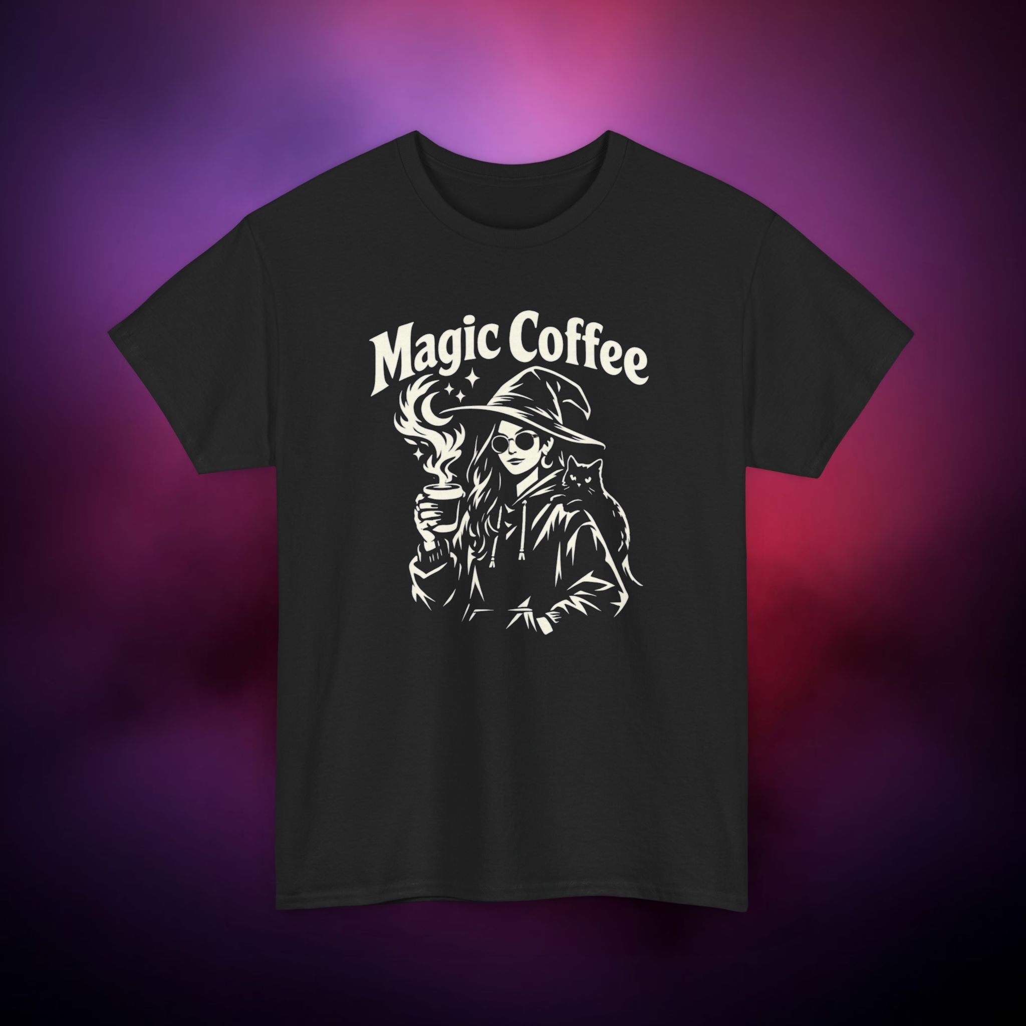 Magic Coffee Witch T-Shirt | Witchy Coffee Lover Tee with Cat | Gothic Aesthetic Graphic Shirt | Witchcore Unisex Apparel