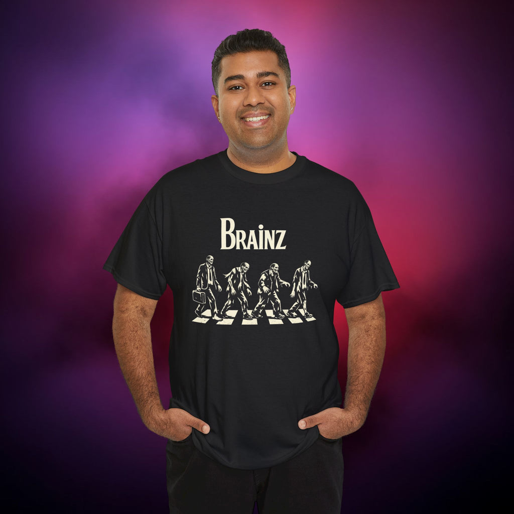 Brainz Zombie Crossing T-Shirt – Horror Parody Tee | Gothic Undead Street Art Shirt | Funny Dark Halloween Graphic Tee