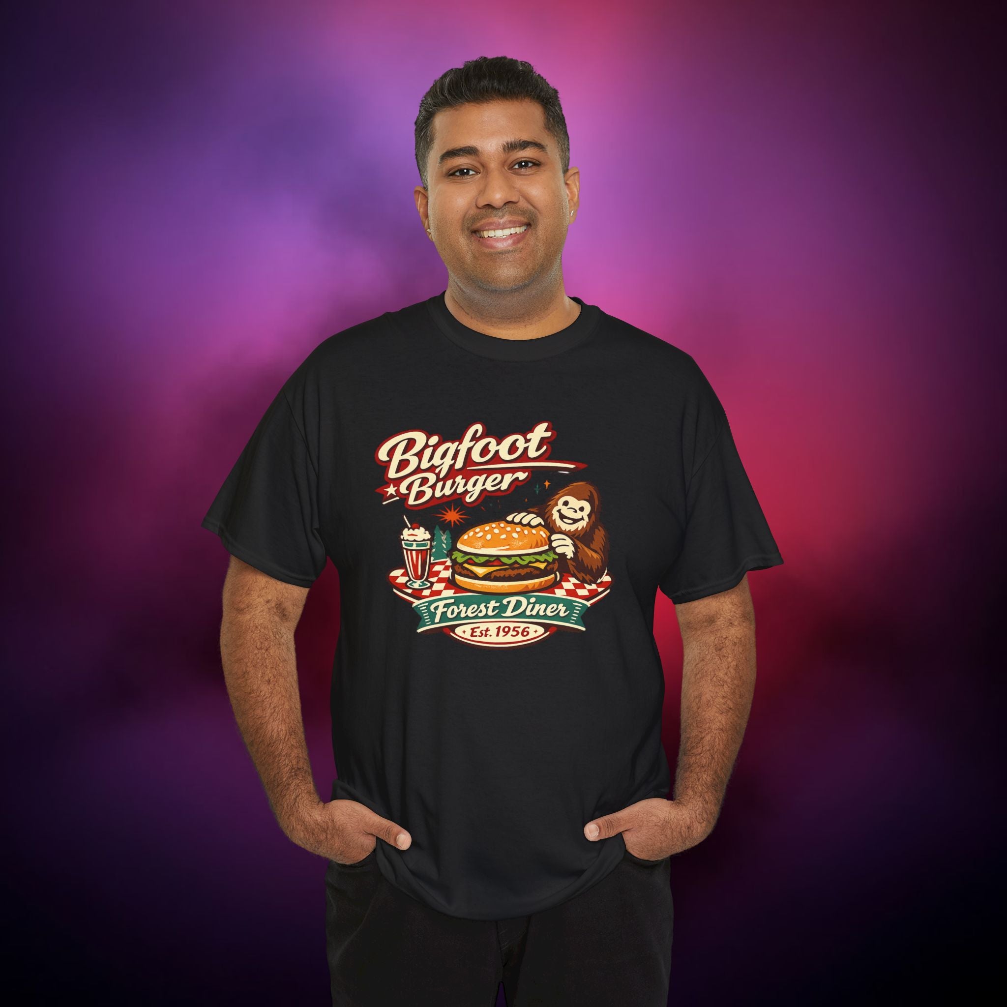 Tasty Bigfoot Burger T‑Shirt – Forest Diner Cryptid Design | Vintage Sasquatch Tee
