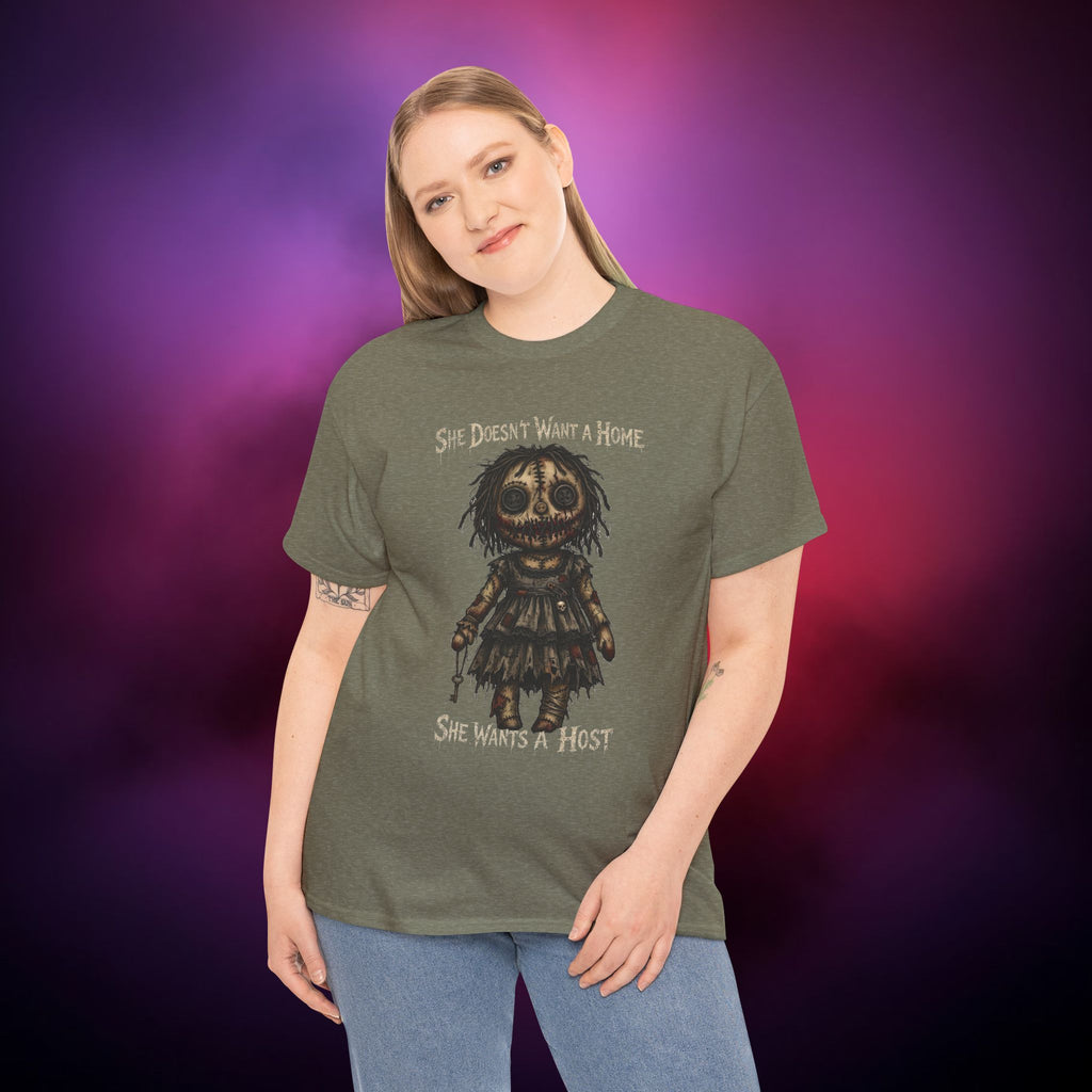She Wants a Host Horror T‑Shirt – Creepy Possessed Doll Nightmare