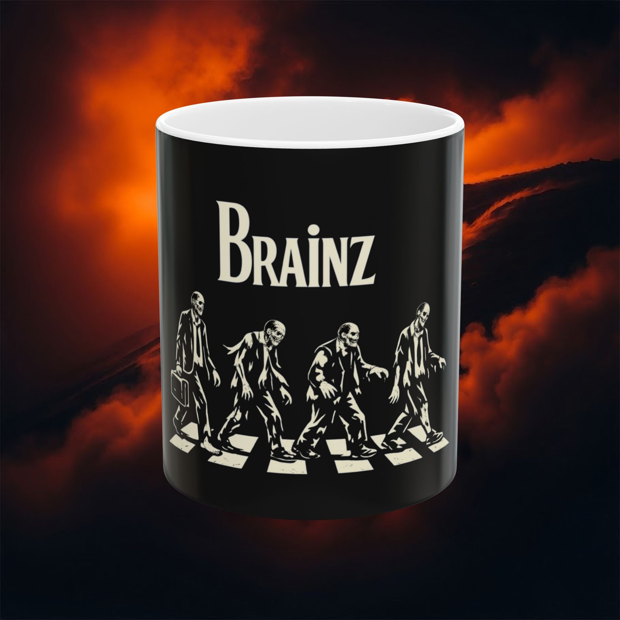 Brainz Zombie Crossing Ceramic Mug — Funny Halloween Coffee Cup (11oz)