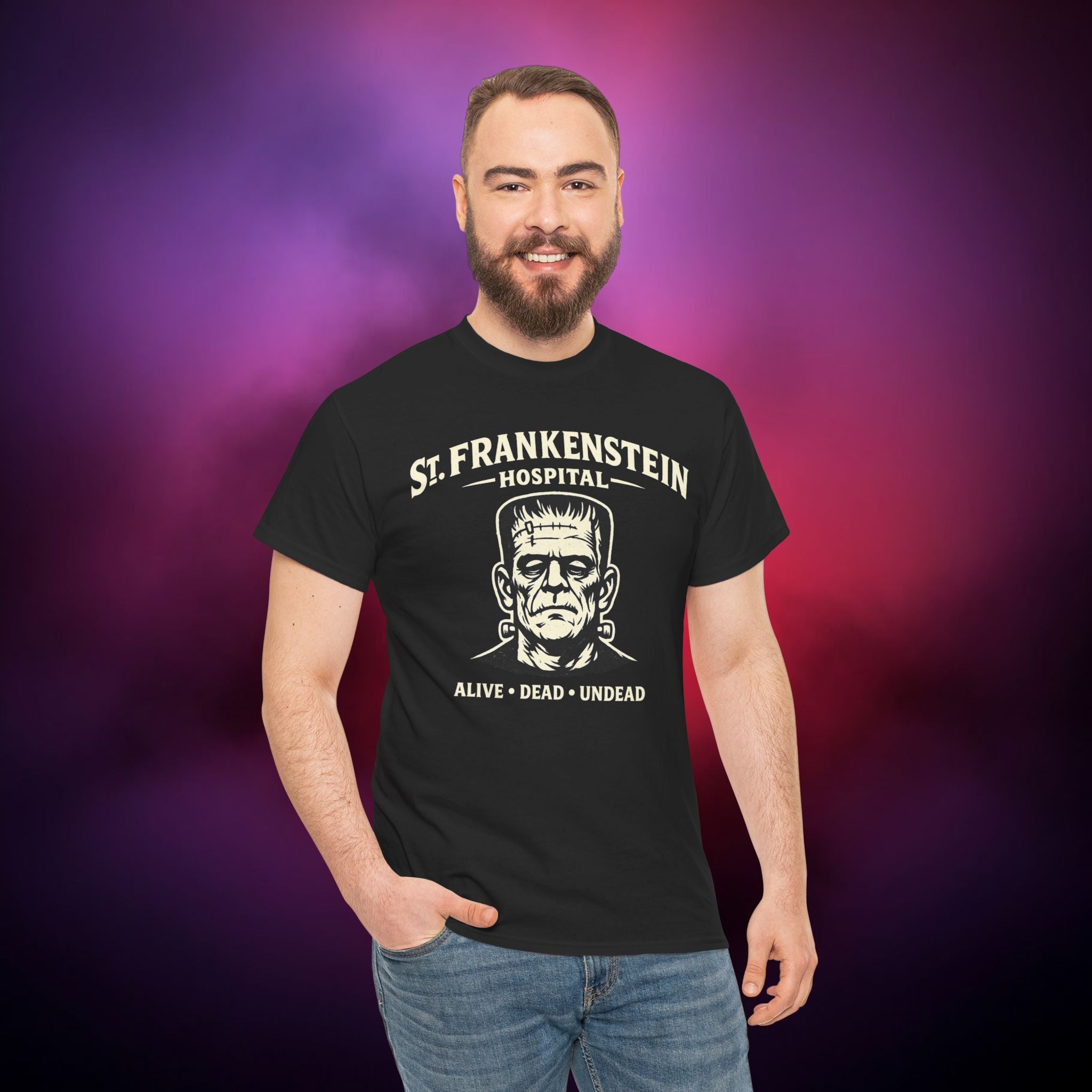 A "St. Frankenstein Hospital" T‑Shirt – Alive · Dead · Undead Horror Myth Design