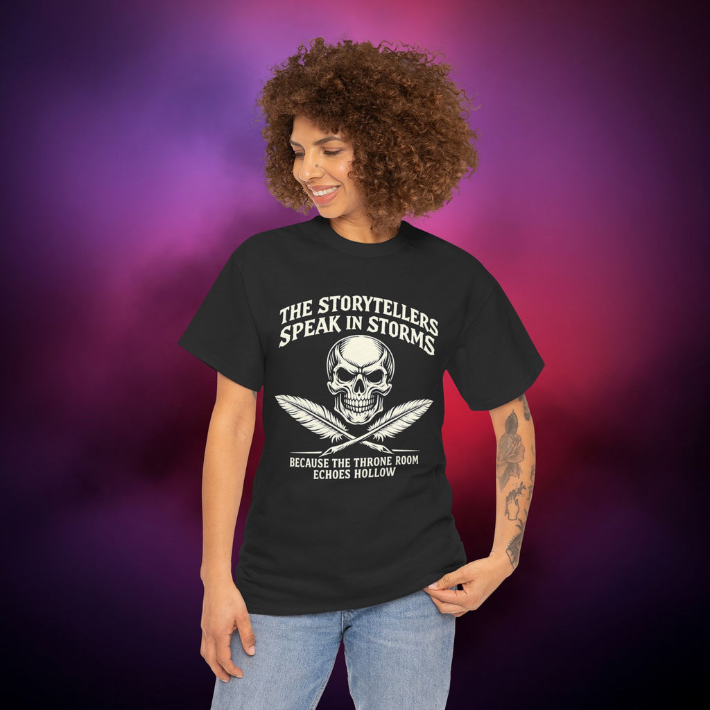 Storytellers Speak in Storms Skull T-Shirt – Gothic Writer Tee | Dark Poetry Graphic Shirt | Skull & Quill Horror Aesthetic Tee