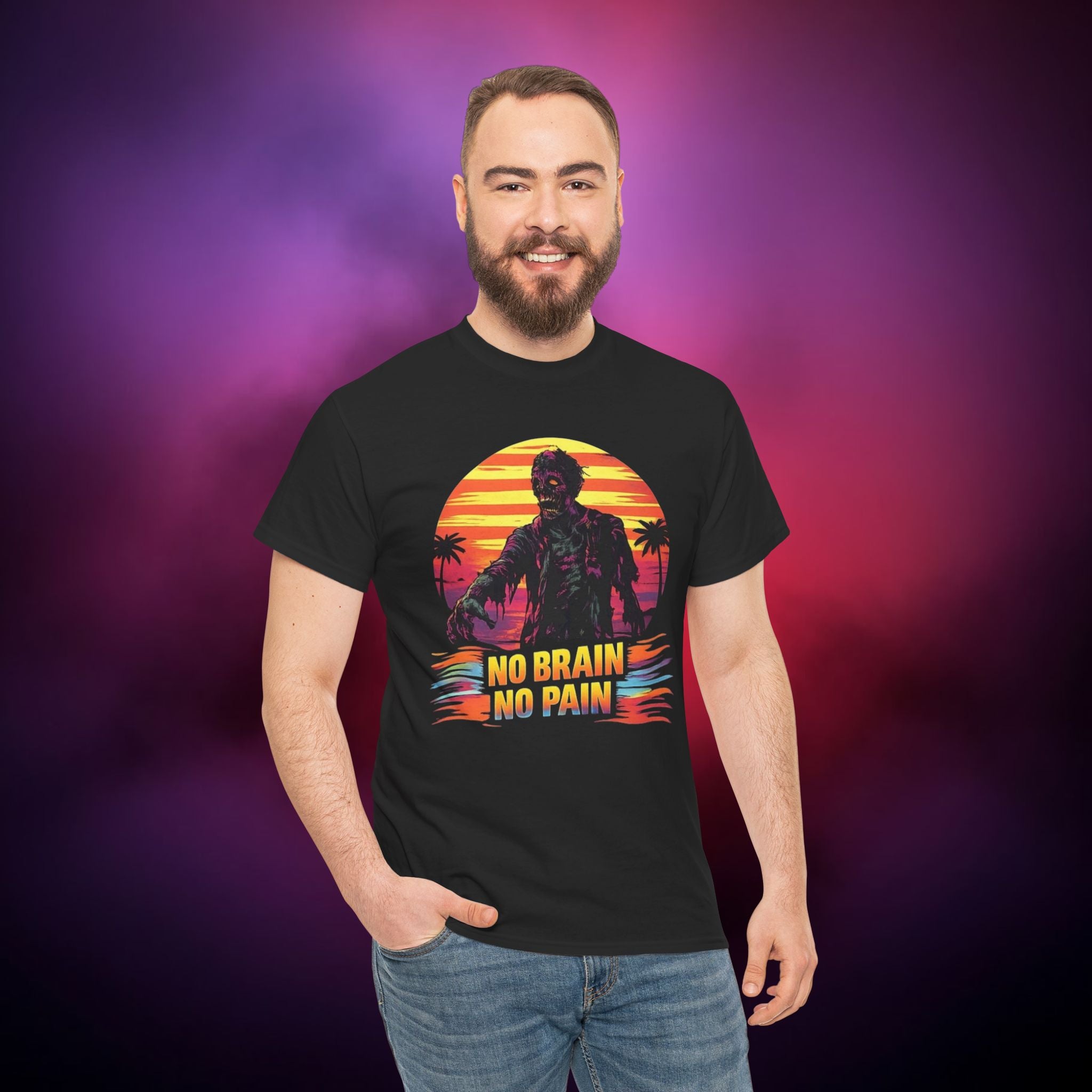 Sunset Zombie T-Shirt – “No Brain No Pain” Retro Horror Tee | Vintage Aesthetic Halloween Shirt