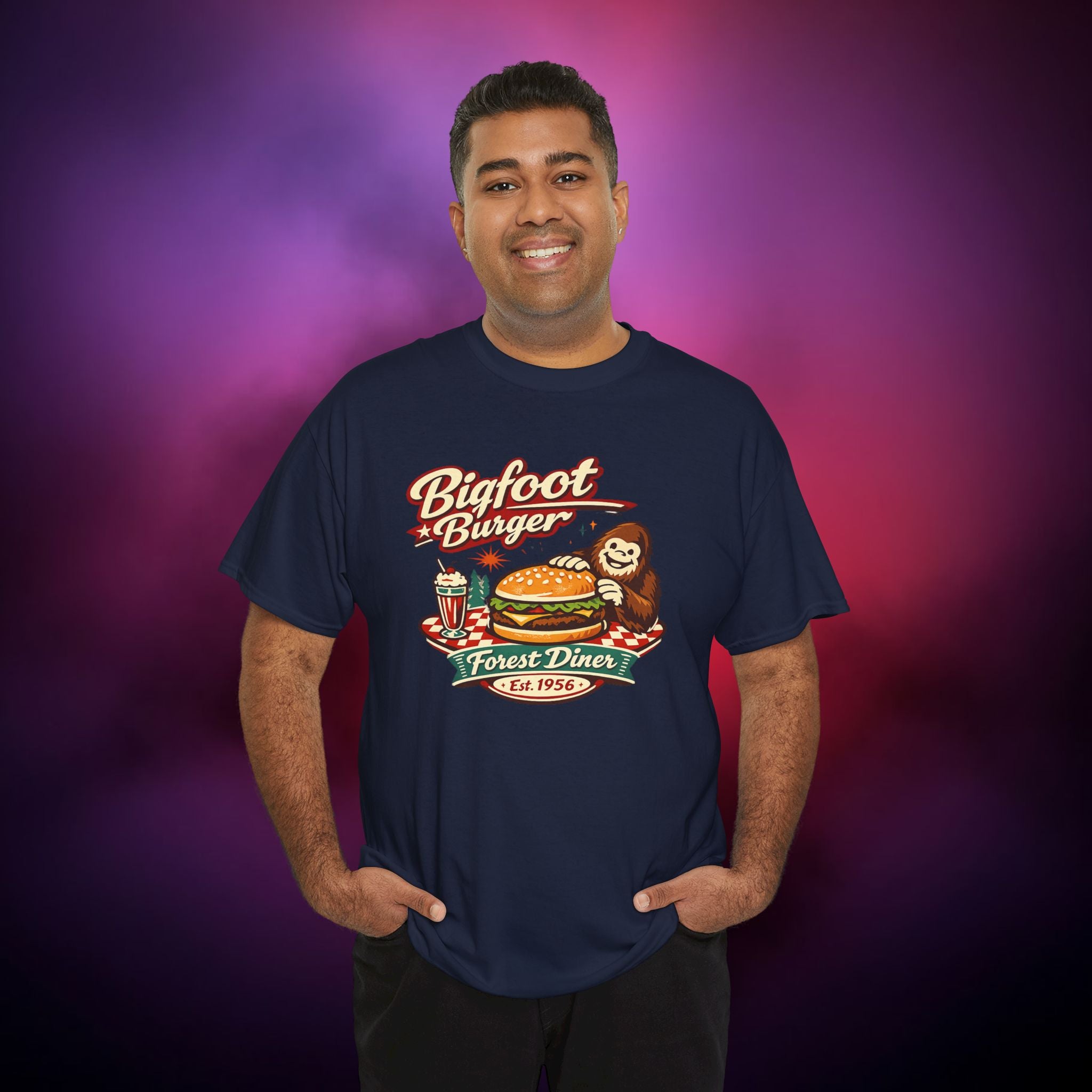 Tasty Bigfoot Burger T‑Shirt – Forest Diner Cryptid Design | Vintage Sasquatch Tee
