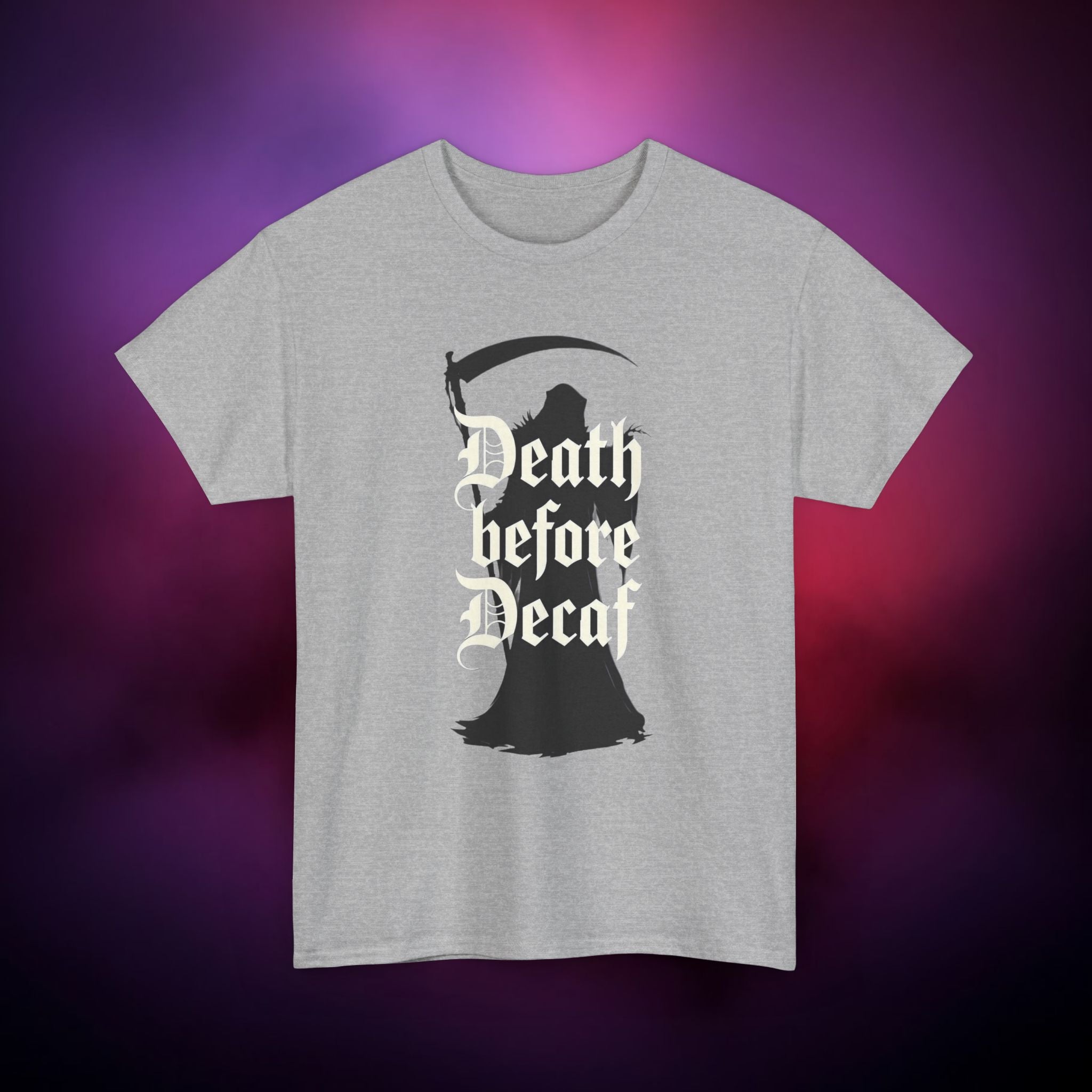 Death Before Decaf Grim Reaper T-Shirt – Funny Gothic Coffee Tee | Dark Humor Horror Shirt | Death Coffee Lover Graphic Tee