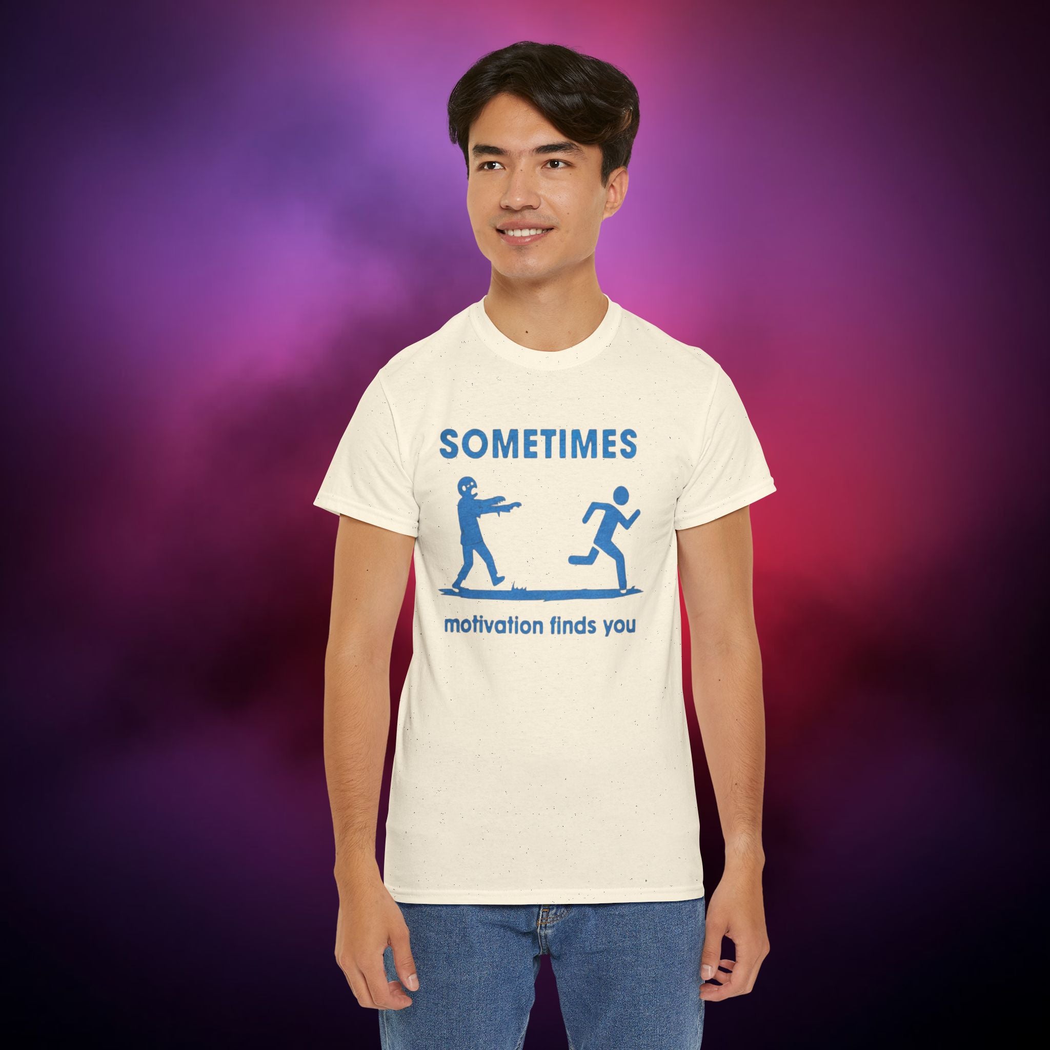 Sometimes Motivation Finds You T‑Shirt – Dark Humor Zombie Chase Horror Graphic Tee